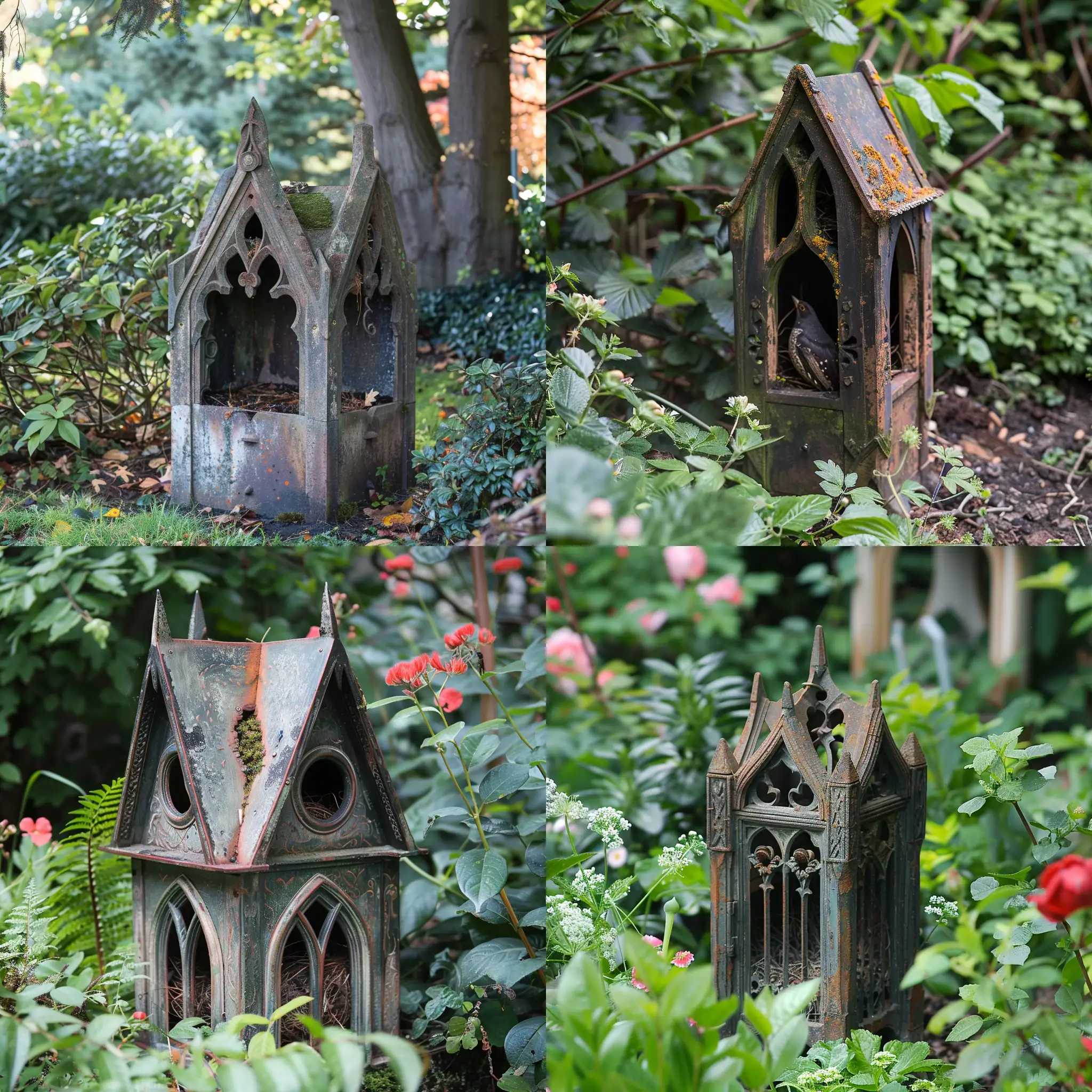 A gothic fachwerk nest box in a garden