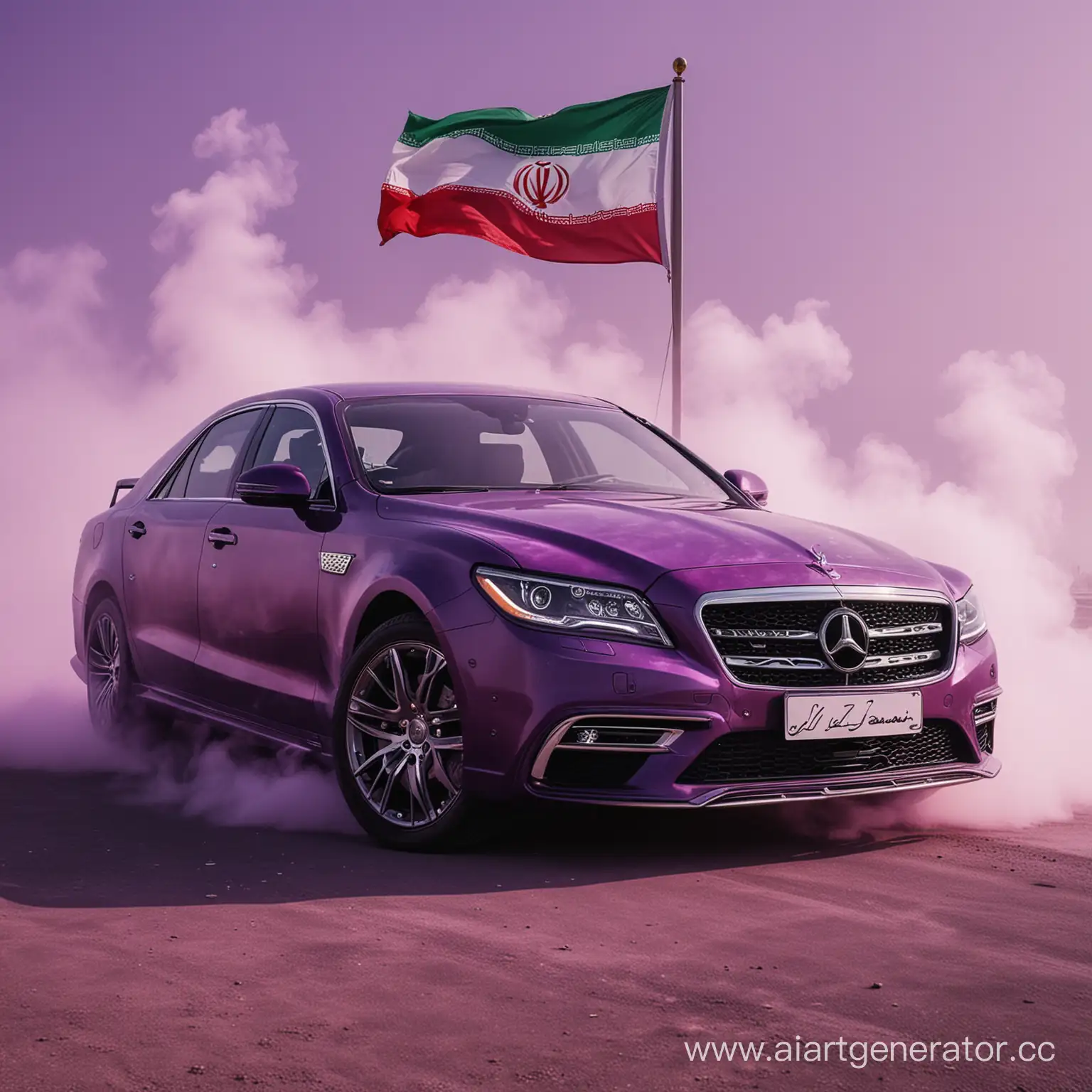 purple luxury car with purple fog and smoke around it with irans flag in front of the car