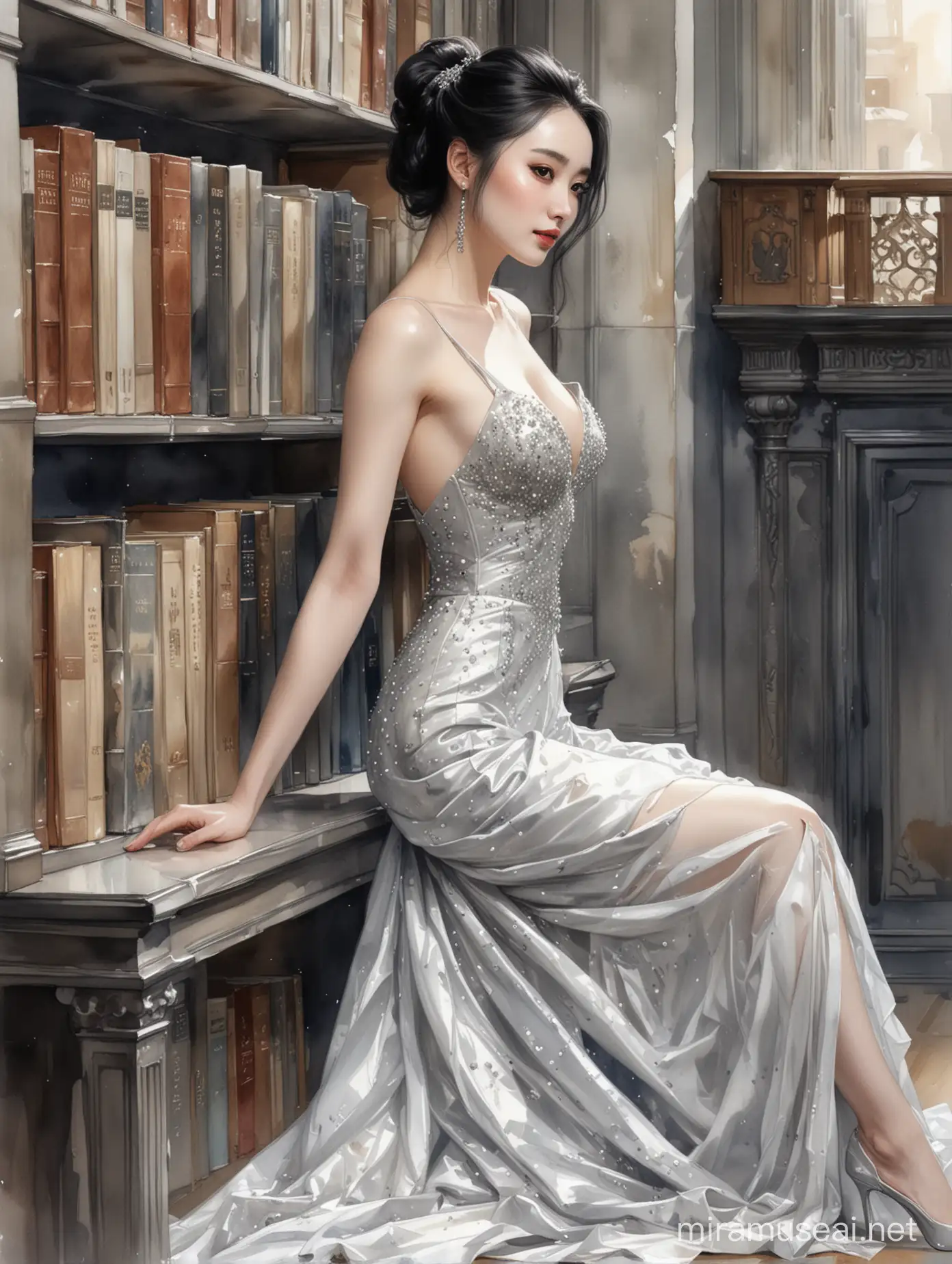 lex Maleev's illustration depicting black-haired very pale alluring smirking Yang Mi wearing silver ball gown with high slit leaning back against a library shelf, smooth shiny thigh, watercolor, no makeup, no distortion, gray palette, insanely high detail, very high quality, seen from the side