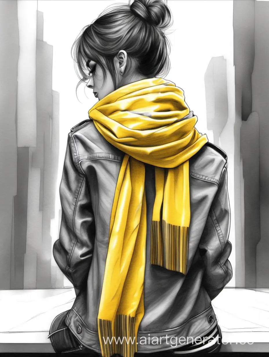 pencil art, black and white colors, 20yo girl, yellow scarf, grey jacket, runway, sitting, from back