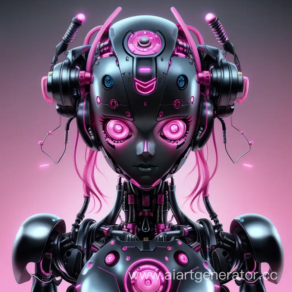 Девушка робот из черного металла с механическим телом с розовой металлической прической на голове со светящимися элементами на теле и в глазах