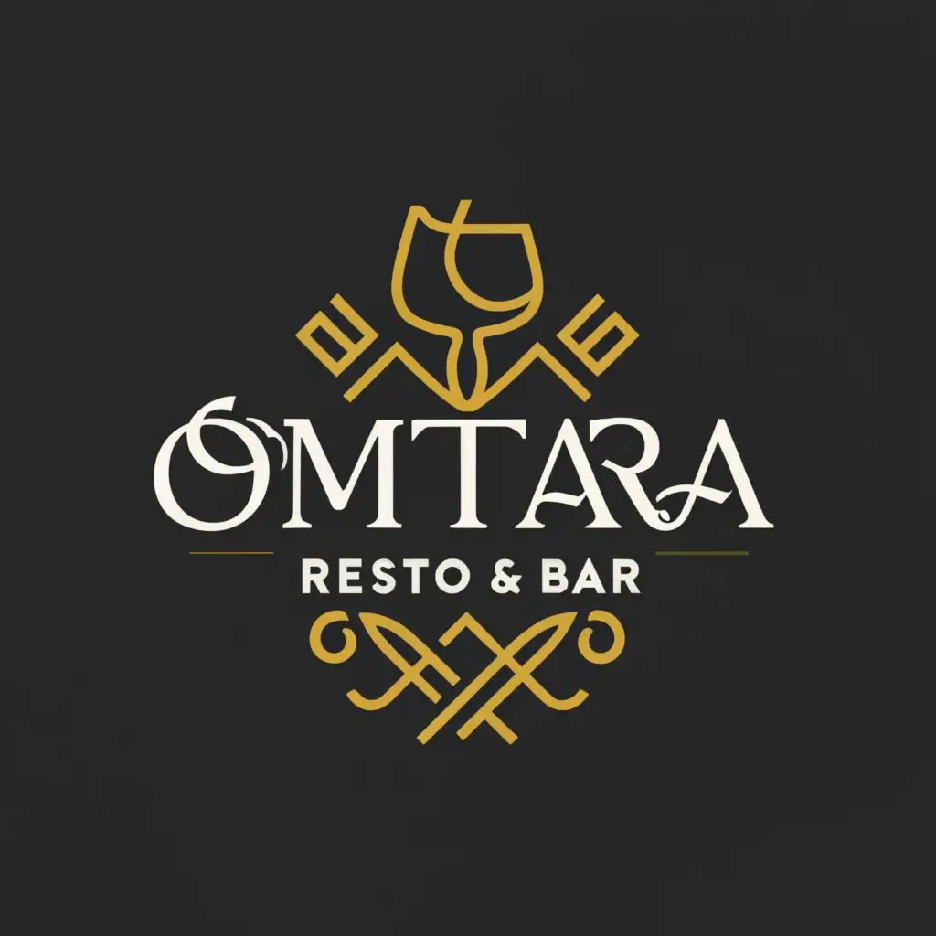 a logo design,with the text "OMTARA RESTO BAR", main symbol:WINE GLASS AND BOTTLE,Minimalistic,clear background