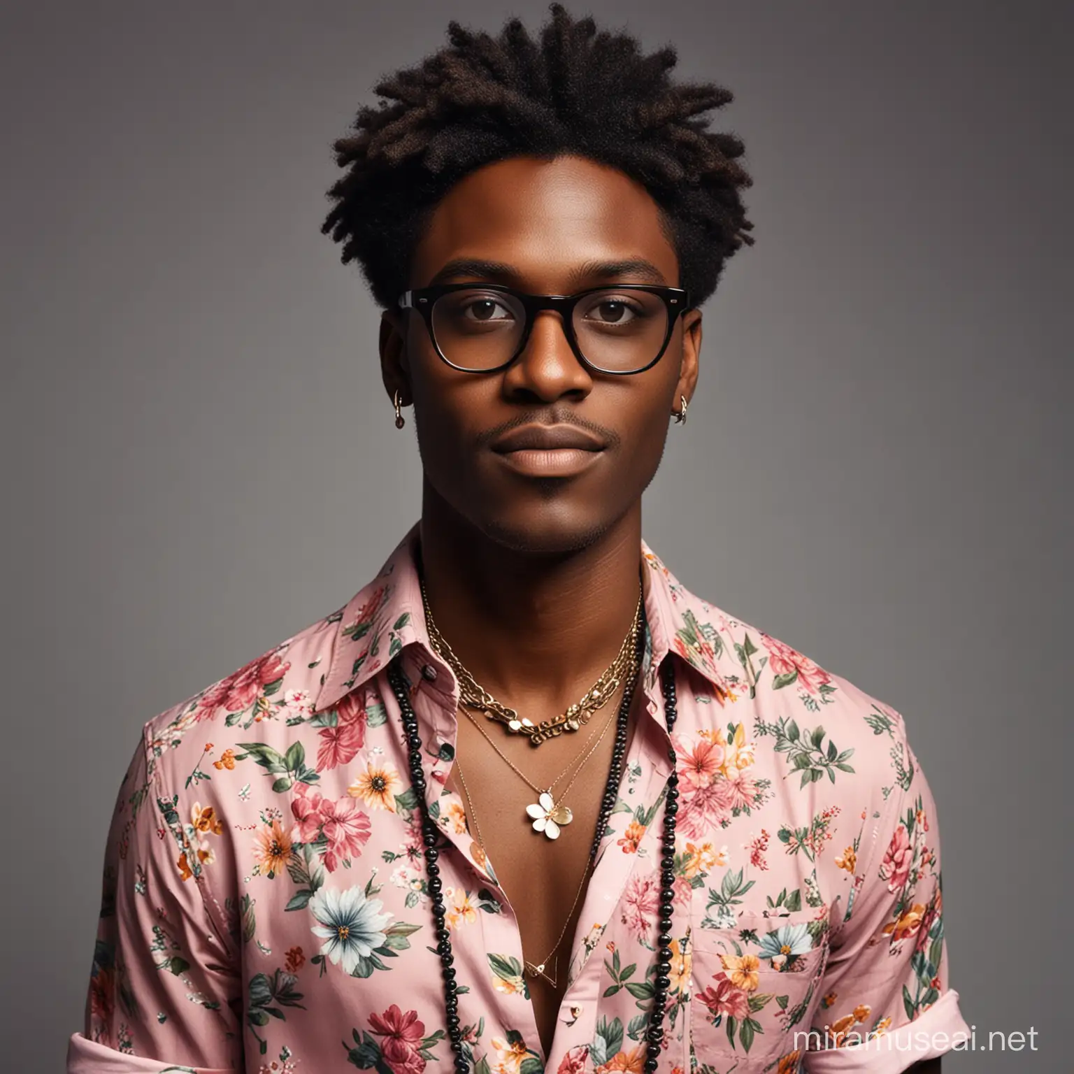 Dark skinned bass player wearing modern glasses, a shirt with flowers, chinos and a necklace