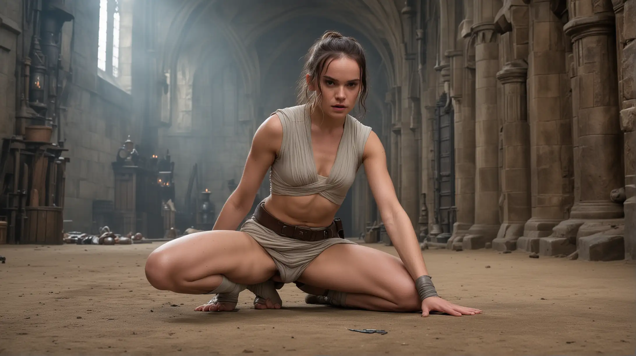Shy totally nude Daise Ridley as Rey Skywalker squatting bent over in Hogwarts