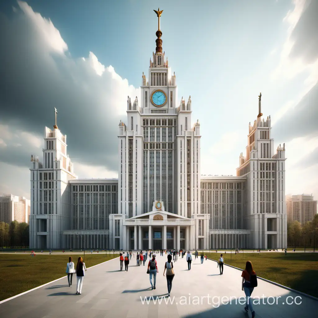 Московский государственный университет в будущем, красивое здание историческое, но в современном стиле с гуляющими, читающими студентами