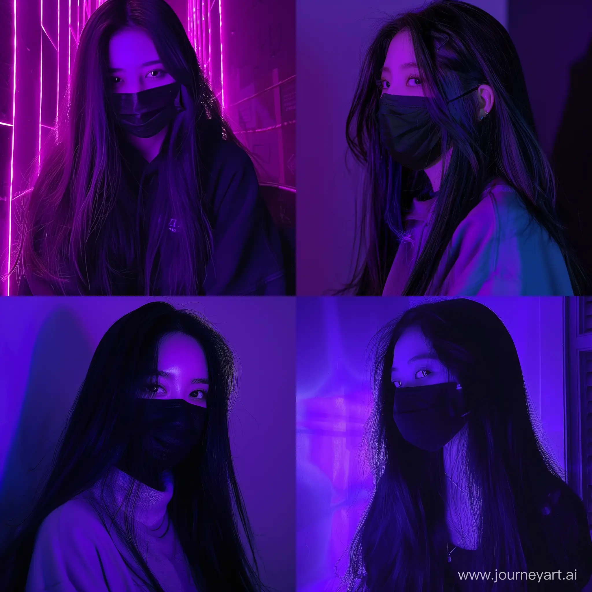 Aesthetic instagram pfp girl with long black hair in a purple lighting dark room wearing a black facemask