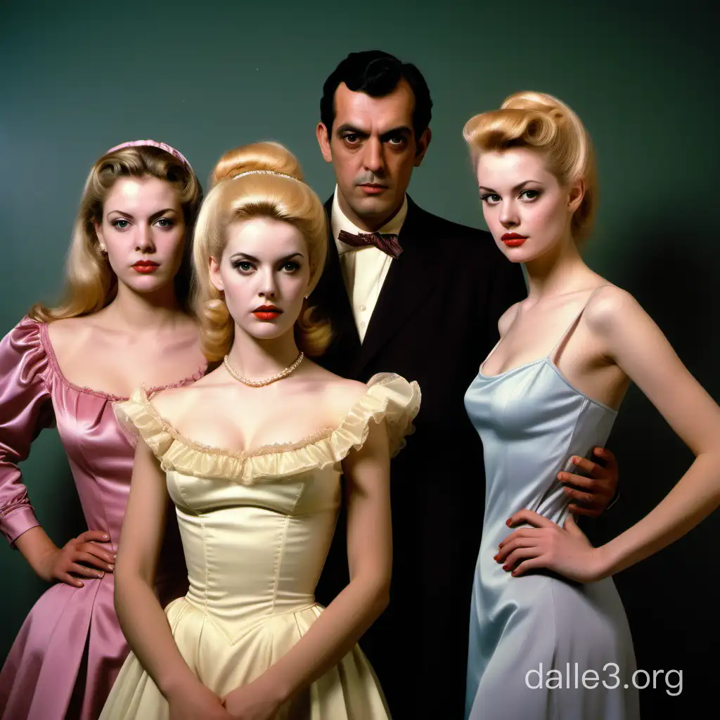 Красивый мужчина и три красивые молодые девушки 20-30 лет, стиль фильма Луиса Бунюэля «Дневная красавица», цветное фото, высокий реализм
