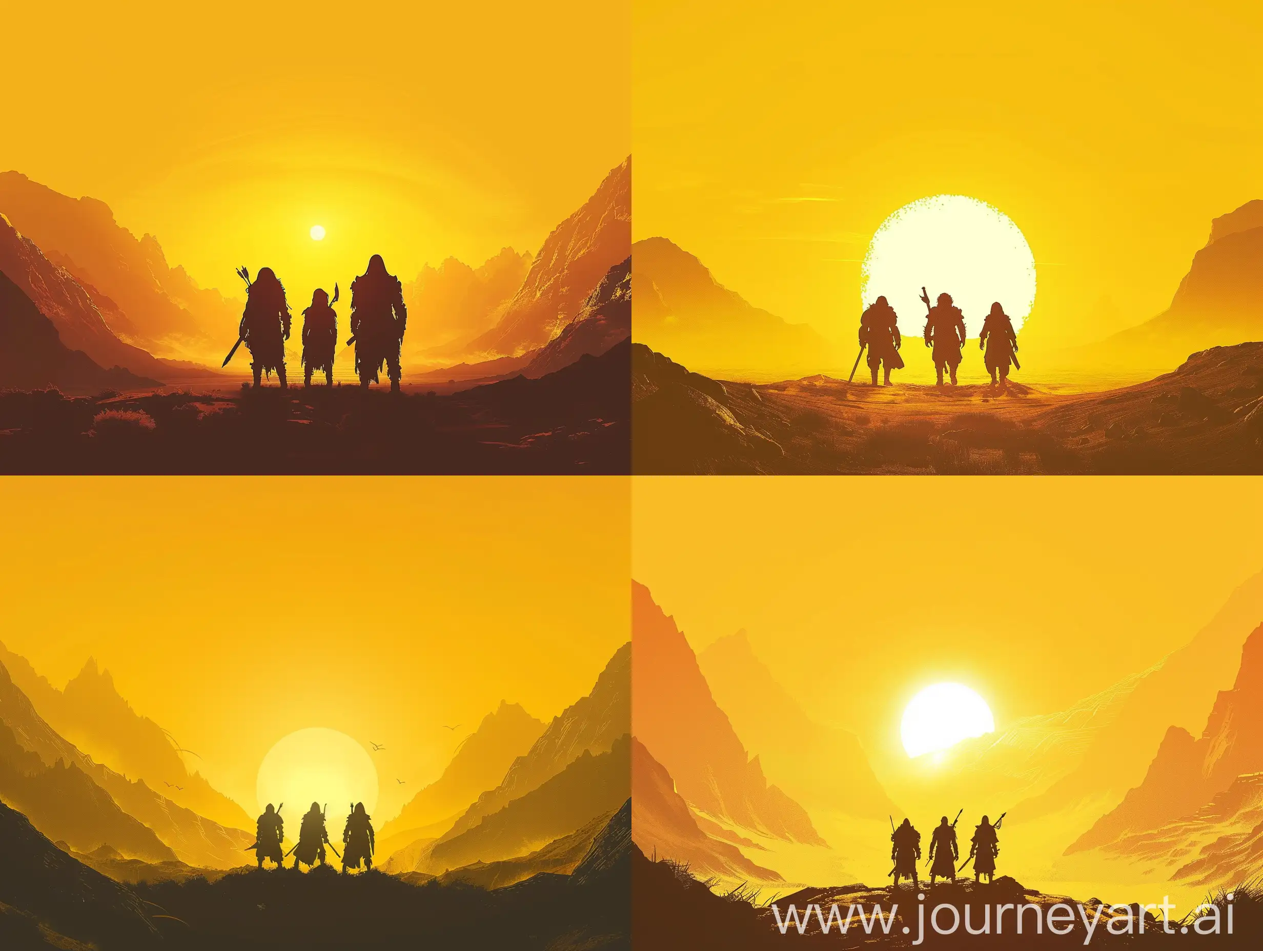 yellow-orange background, clear sunset, mountains left and right, silhouettes of fantasy travelers in the center, front view