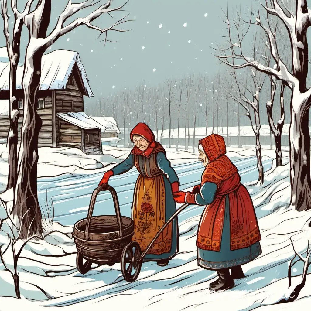 молодые ребята помогают старушке принести воду
в стиле русской народной сказки зимой