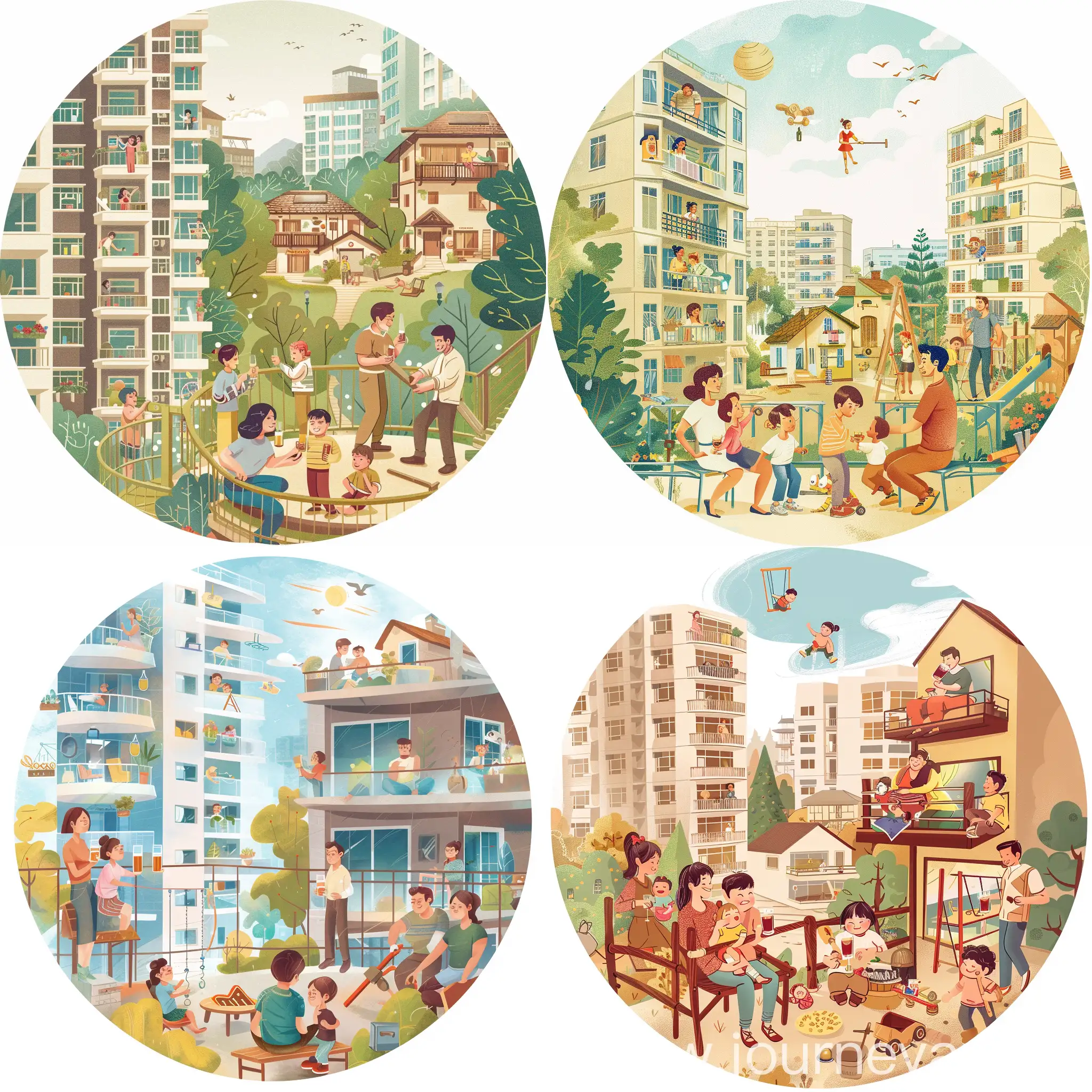 Generate a Disney style picture with a circular shape that: 
* There are to be exactly 2 tall apartment blocks on the left. In one of the blocks, there should be a group of friends on the balcony - 2 women who are drinking proseco, 2 men who are drinking beer. Next to them a 1.5 year old girl and a 3.5 year old boy playing. 
* To the right is supposed to be exactly one small residential house. A man is building a playground, a woman is holding a 1-year-old boy in her arms. In addition, a 3-year-old boy helps his dad holding a hammer. 
* The scenery is very positive and happy, only at the top in the middle add some motif that depicts back pain