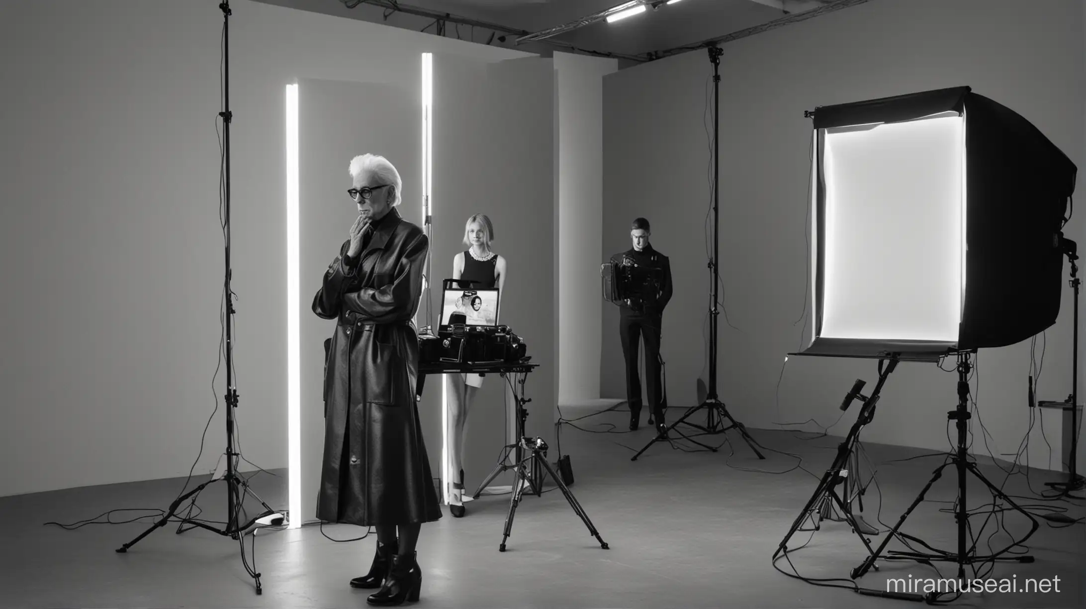 Backstage of a Balenciaga photo shoot which uses the visual codes of the brand.
It’s a 70-year-old model who is being photographed.