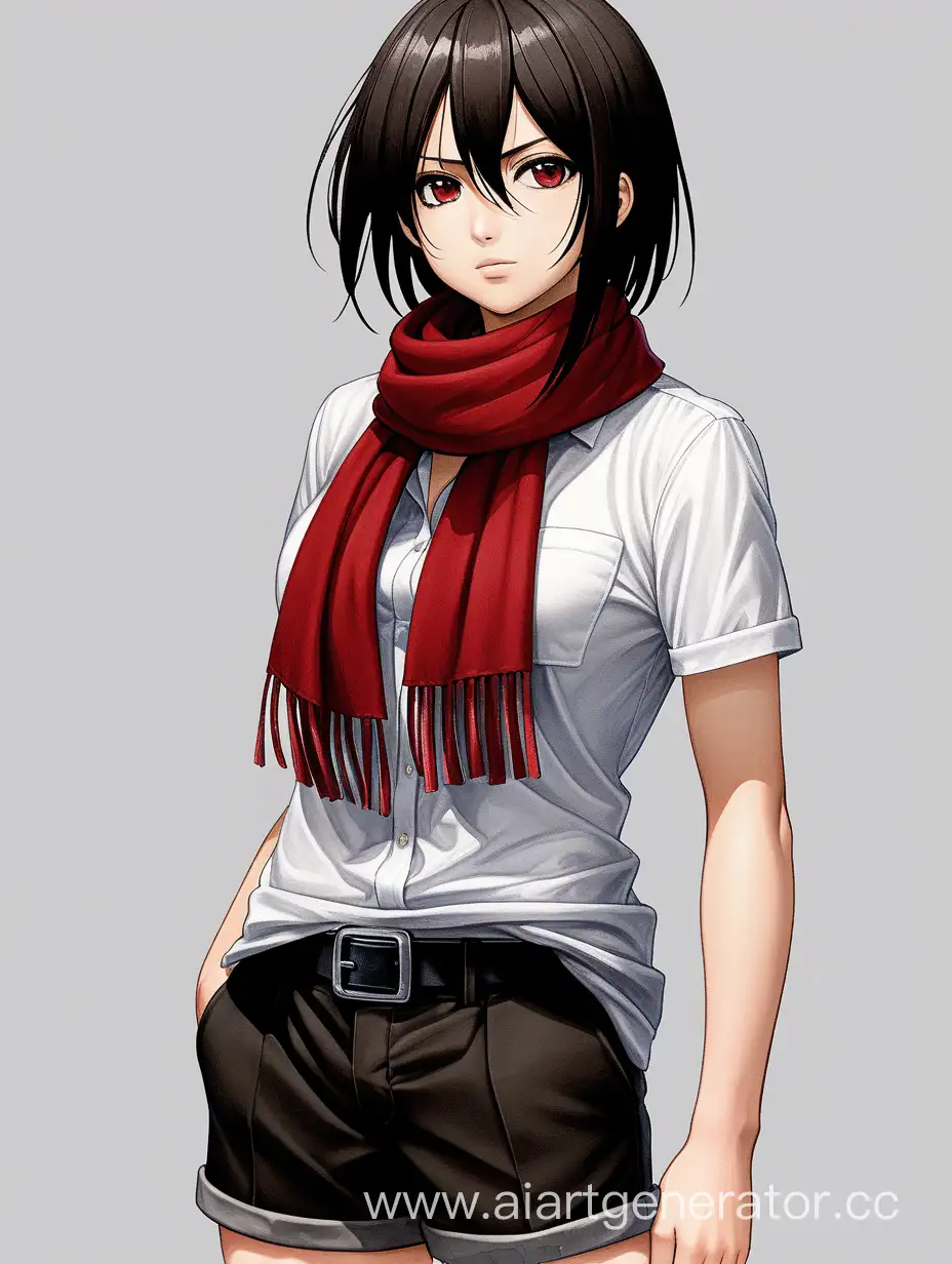 Микаса акерман, в полный рост, модельная поза,  в белой рубашке, черные шорты, красный шарф