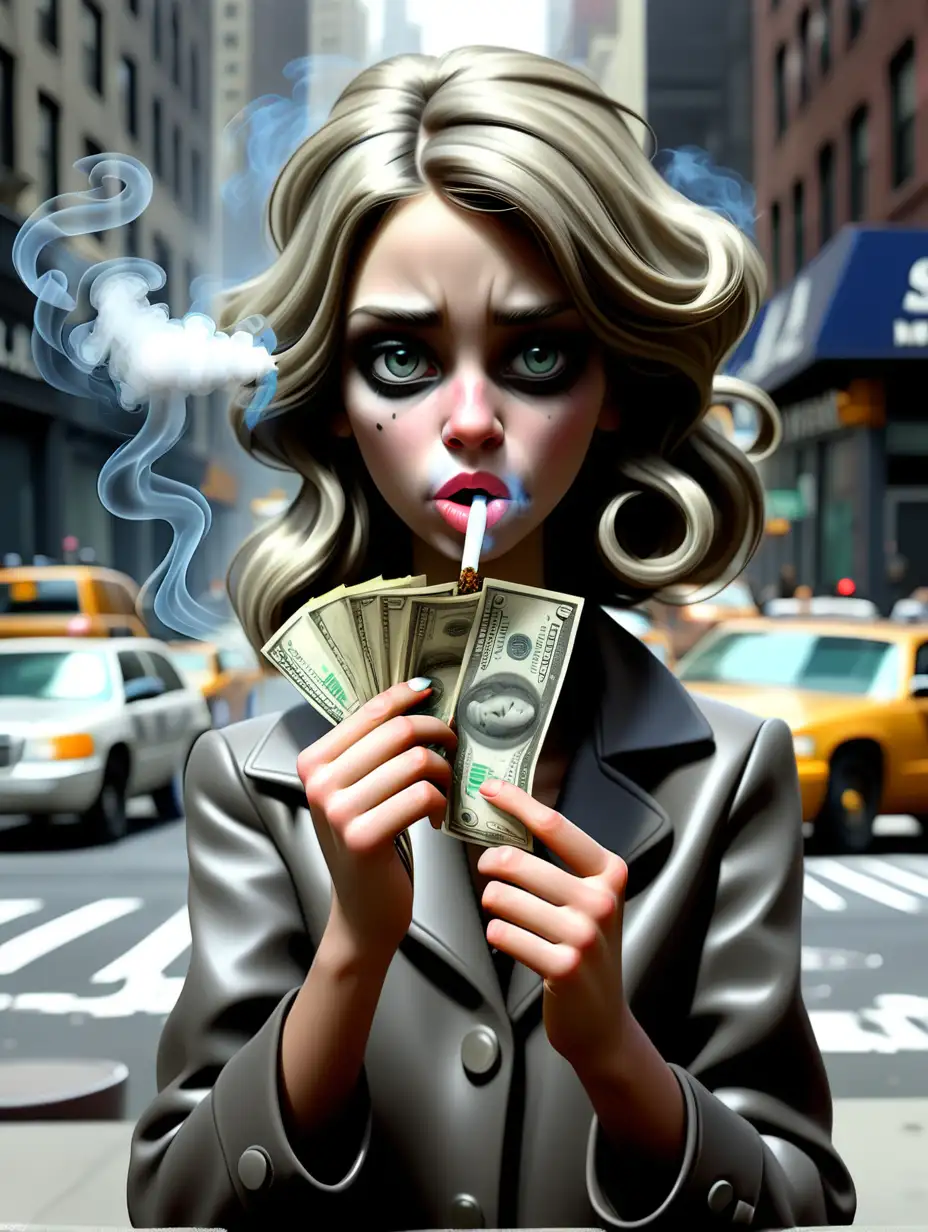 surreal art a girl smokes a dollar, behind the bank on the street of New York