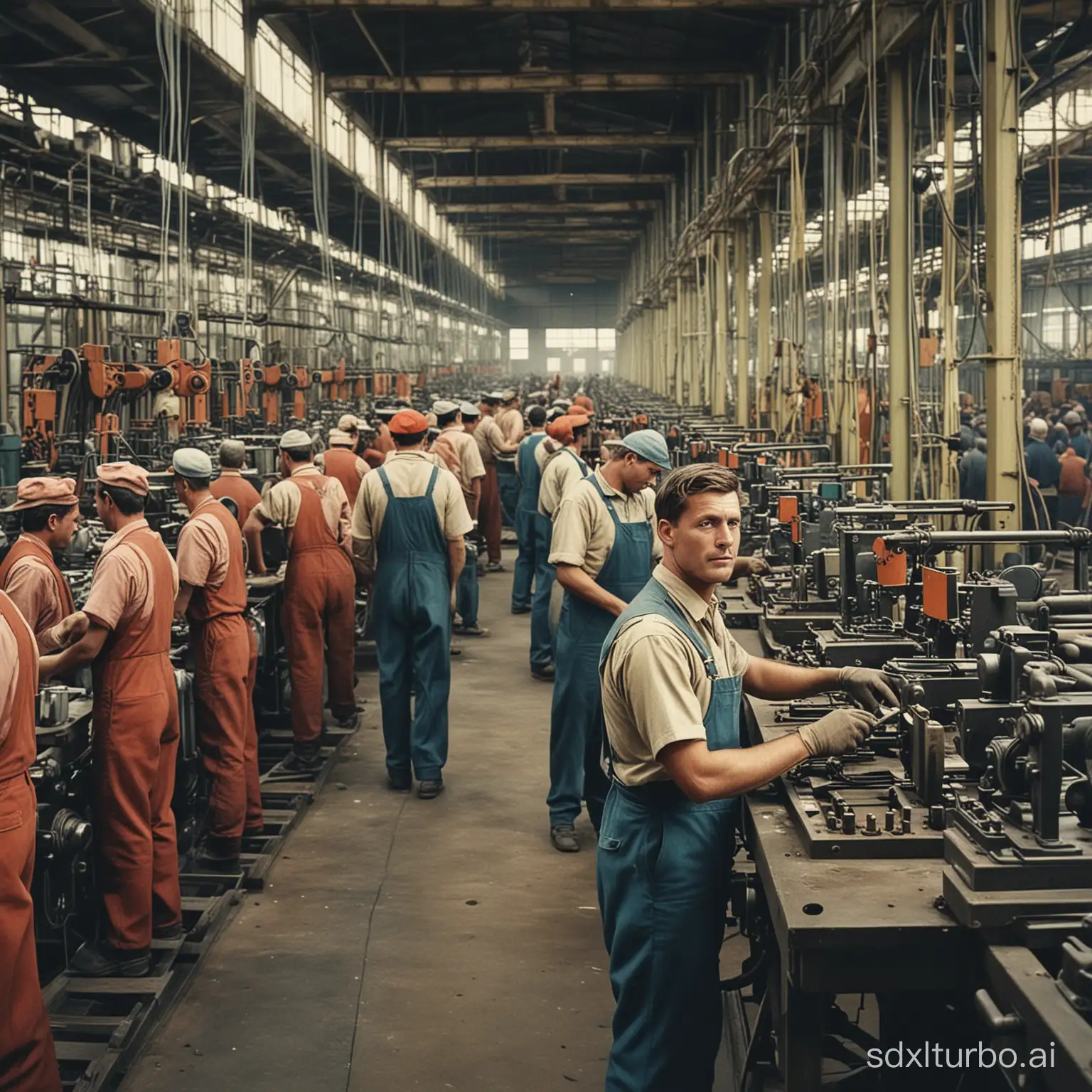 generiere ein bild von arbeitern in einer fabrik während der industrialisierung in farbe
