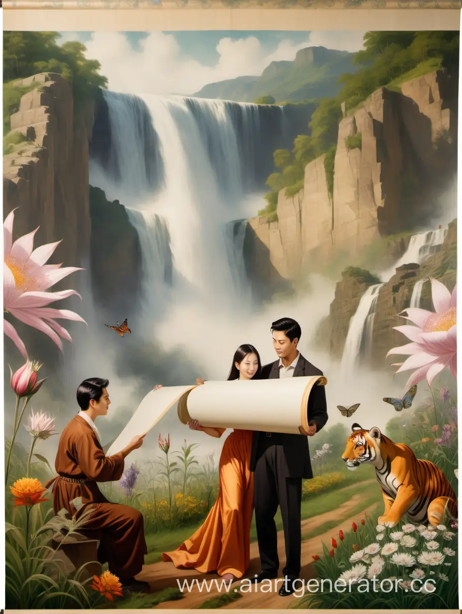 Красивый молодой мужчина и красивая молодая женщина держат большой свиток на котором изображено цветущее поле, красивый водопад, на поле играют детёныши животных.