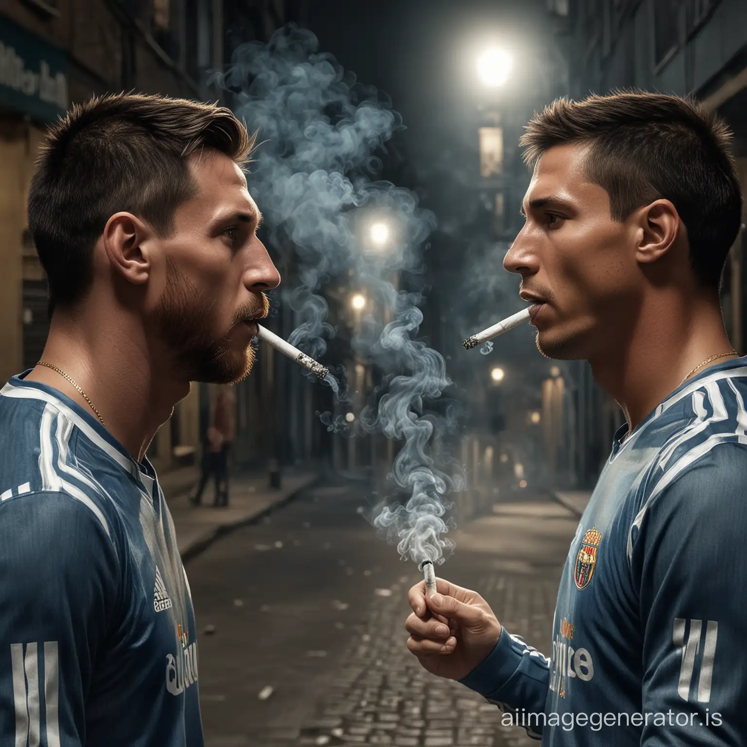 Messi and Ronaldo on the street at night puffing smoke from cigarette (realistic)