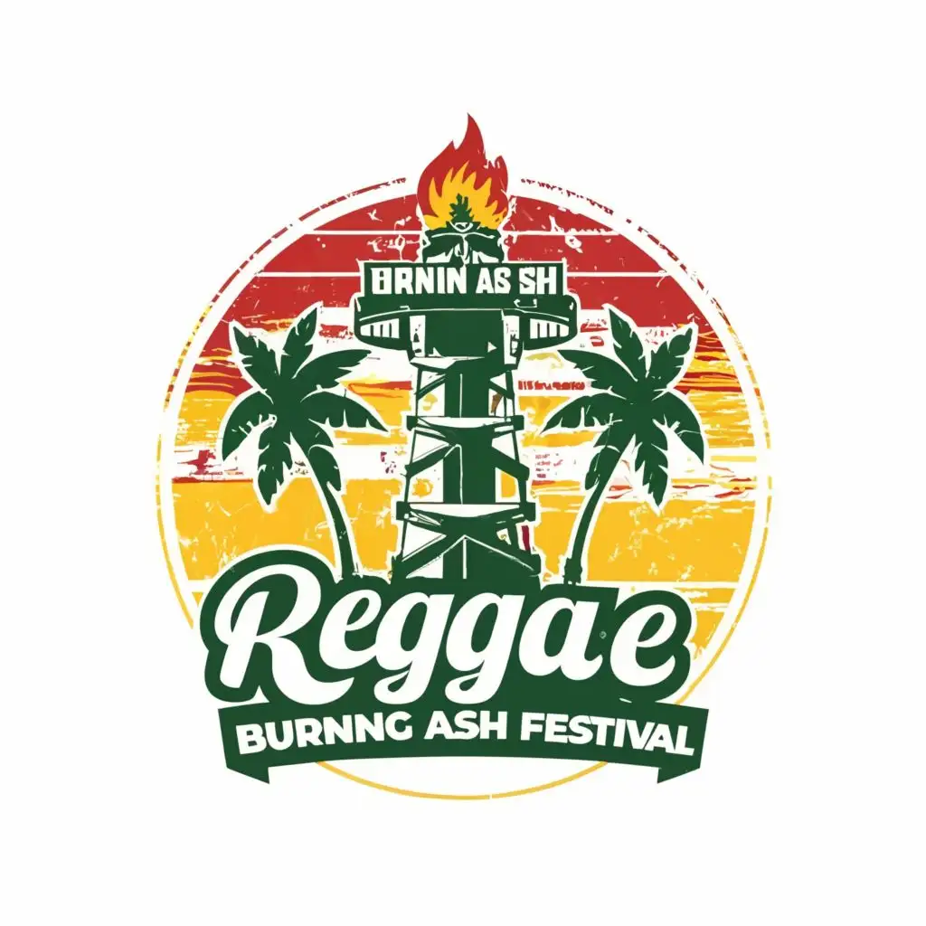 LOGO-Design-For-Reggae-Festival-Burning-Ash-Festival-Tower-and-Palm-Trees-in-Vibrant-Green-Yellow-and-Red