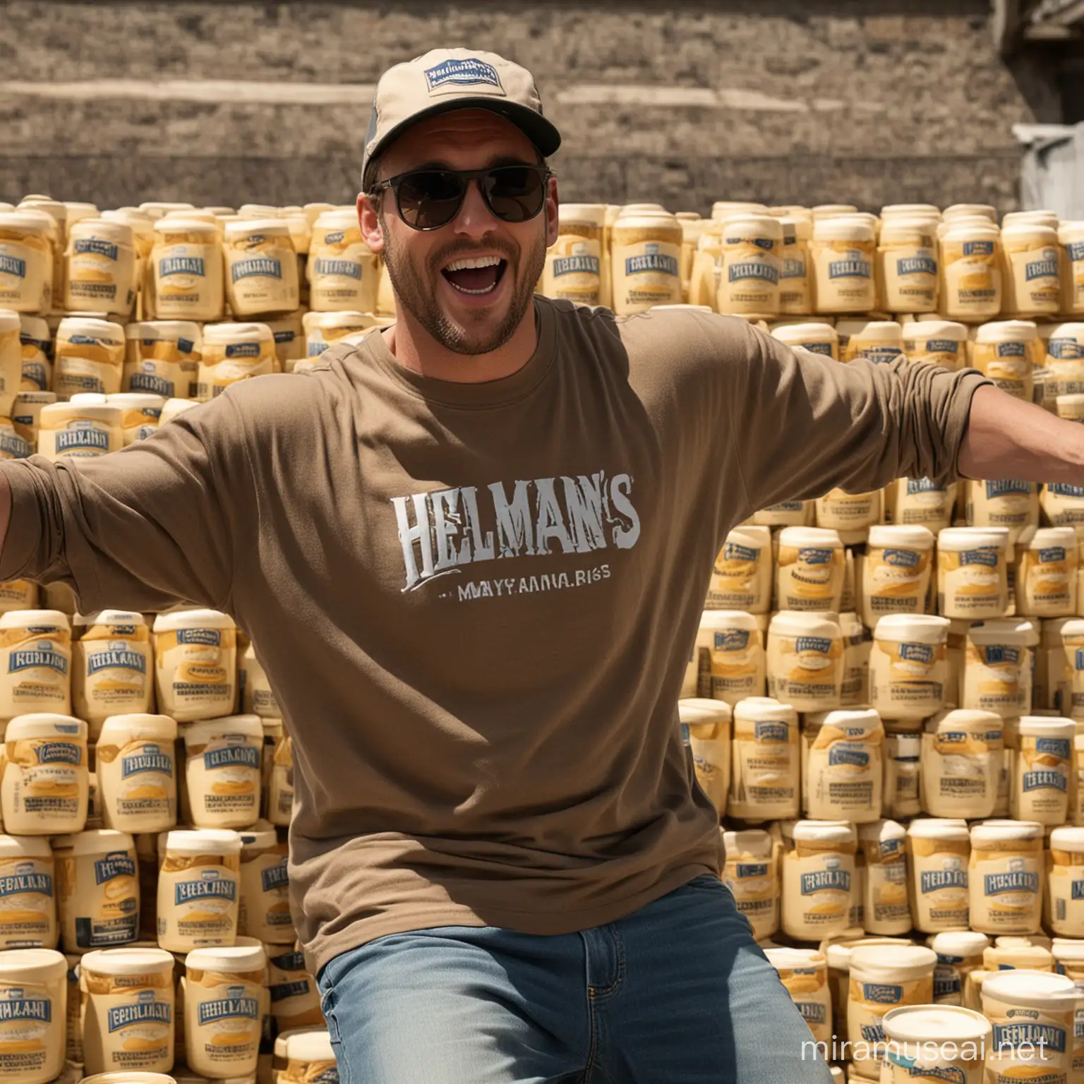 a man wearing a baseball cap backwards and sunglasses, he is dancing with giant jars of Hellman's Mayonnaise