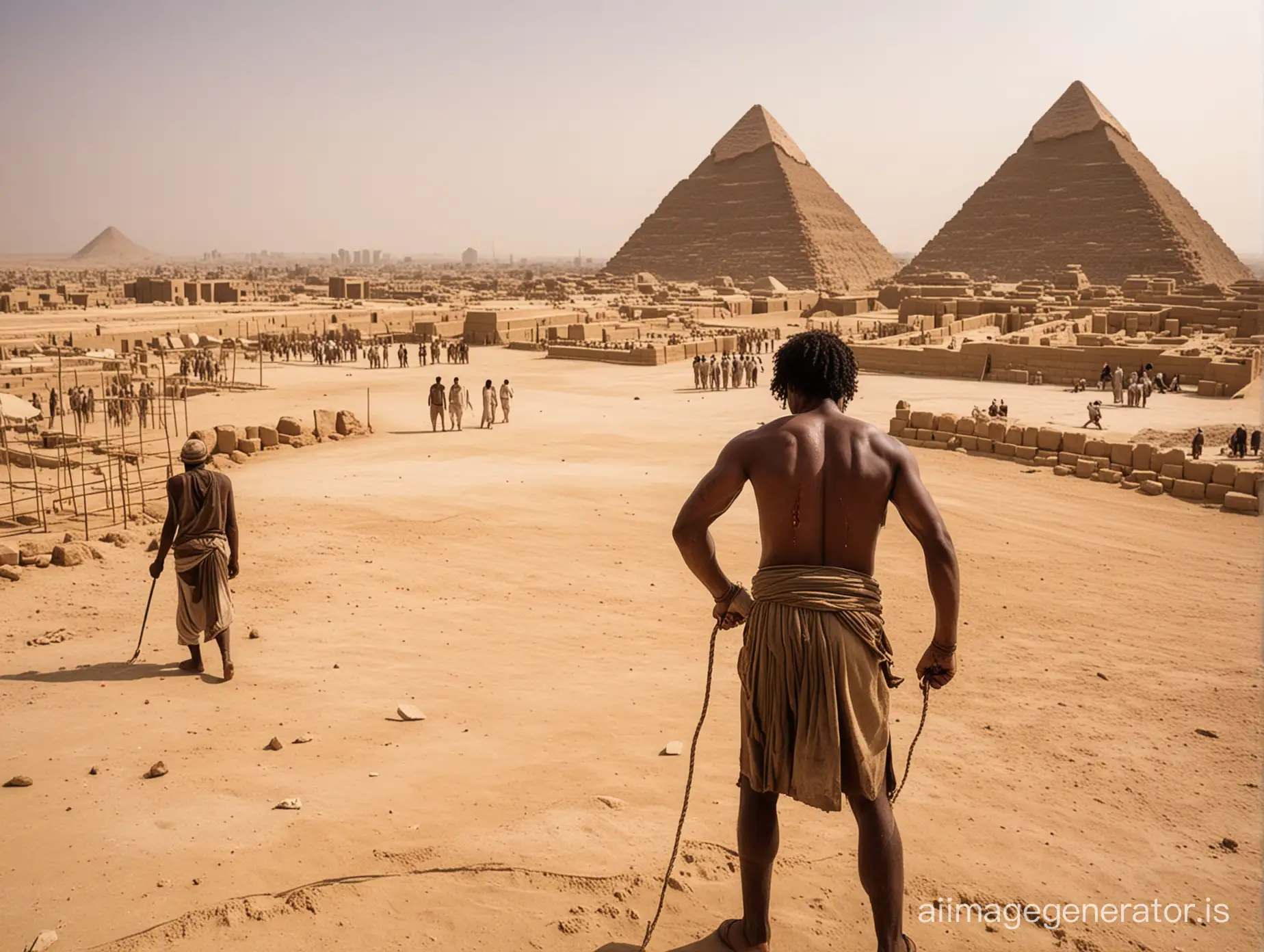 Jewish slave whipped in ancient Egypt. The slave is scrawny and poor. The whip causes bloody welts on his back. The blood is flowing. A pyramid construction site in the background.