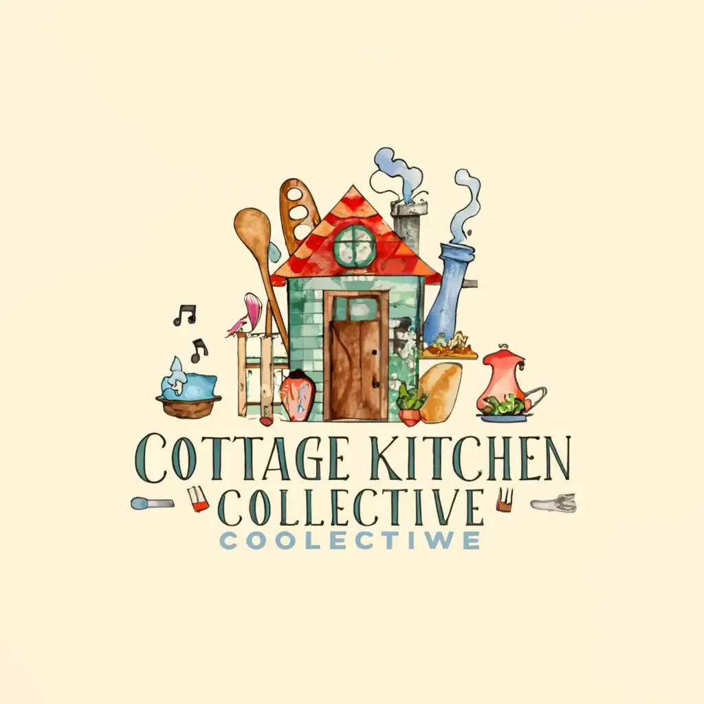 a color logo design,with the text 'Cottage Kitchen Collective', main symbols:local food+music+utensils+baking +cottage,complex,whimsical,colorful,water colors,main color:marseille blue,be used in Restaurant industry,clear background