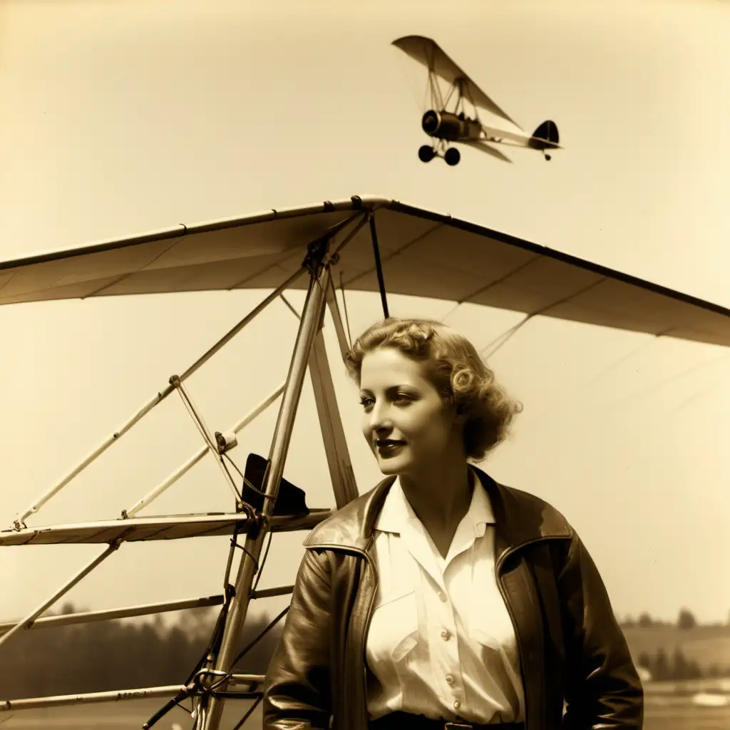 ciel avec deltaplane et avions 1930
sepia
aviatrice maryse hilsz profil au centre
ecriture ICARE dans aile deltaplane