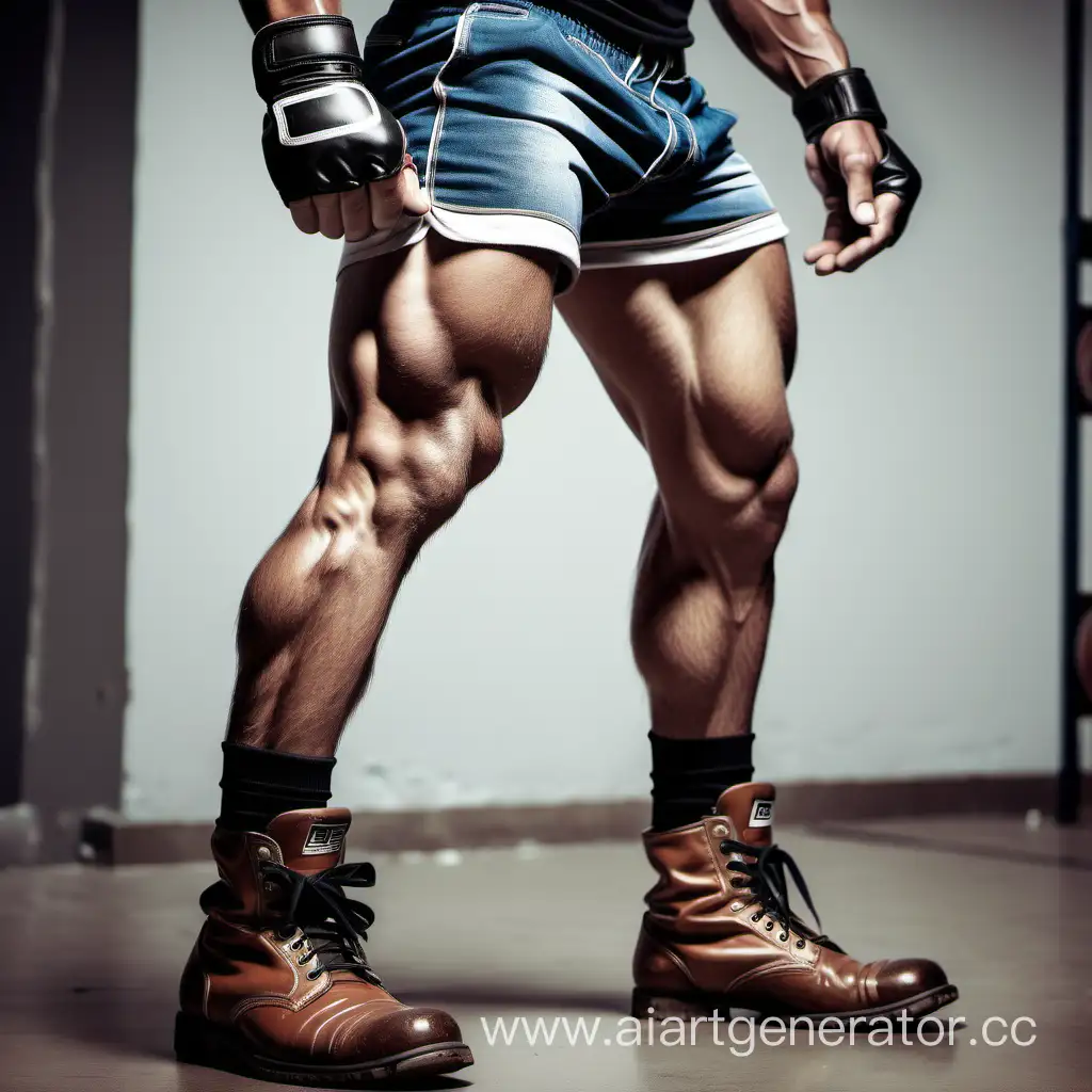 Muscular calves of a boxer guy in boots and shortsg