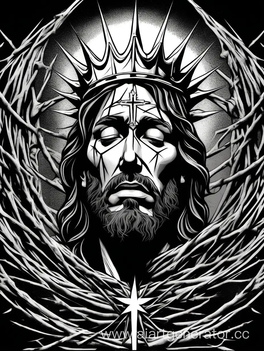 "marvel poster-style illustration, divided in half, featuring a symmetrical representation. left side, innocent head of a newborn crying,  the right side, the head of Jesus Christ, adorned with a crown of thorns, expressing pain. The symmetry of these images captures the duality of birth and sacrifice, symbolizing hope and redemption.