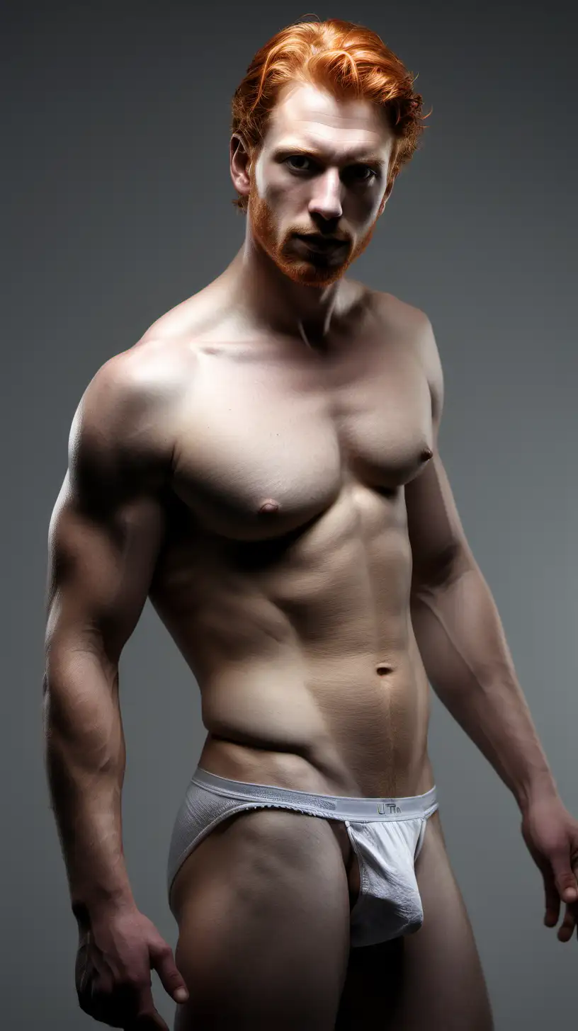Prompt greek ginger male body Prompt /imagine prompt : An ultra-realistic photograph captured with a canon 5d mark III camera, equipped with an 85mm lens at F 1.8 aperture setting, portraying close-up of body. The background is grey with bright white studio light highlighting the subject's body. The image, shot in high resolution and a 9:16 aspect ratio, captures the subject’s natural beauty and sexuality with stunning realism and detail Subject is wearing underwear Soft spot light gracefully illuminates the subject’s body, highlighting the body, casting a dreamlike glow. make it really realistic and detailed studio portaiture --ar 9:16 --v 6 --style raw --4K ((ultra-detailed))