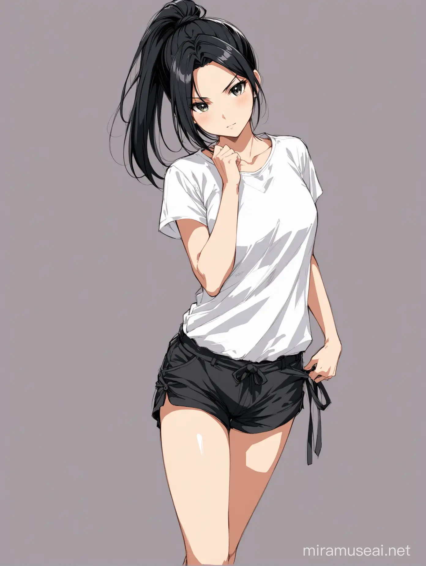 A woman with anime-style black hair tied up in a ponytail, wearing  shorts and white shirt.