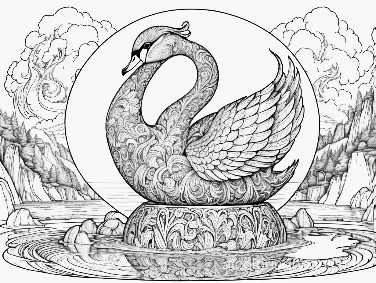 Insanely detailed and elaborate fantasy swan in a rococo embellished glass globe floating in a lake of molten lava, Coloring Page, black and white, line art, white background, Simplicity, Ample White Space. The background of the coloring page is plain white to make it easy for young children to color within the lines. The outlines of all the subjects are easy to distinguish, making it simple for kids to color without too much difficulty