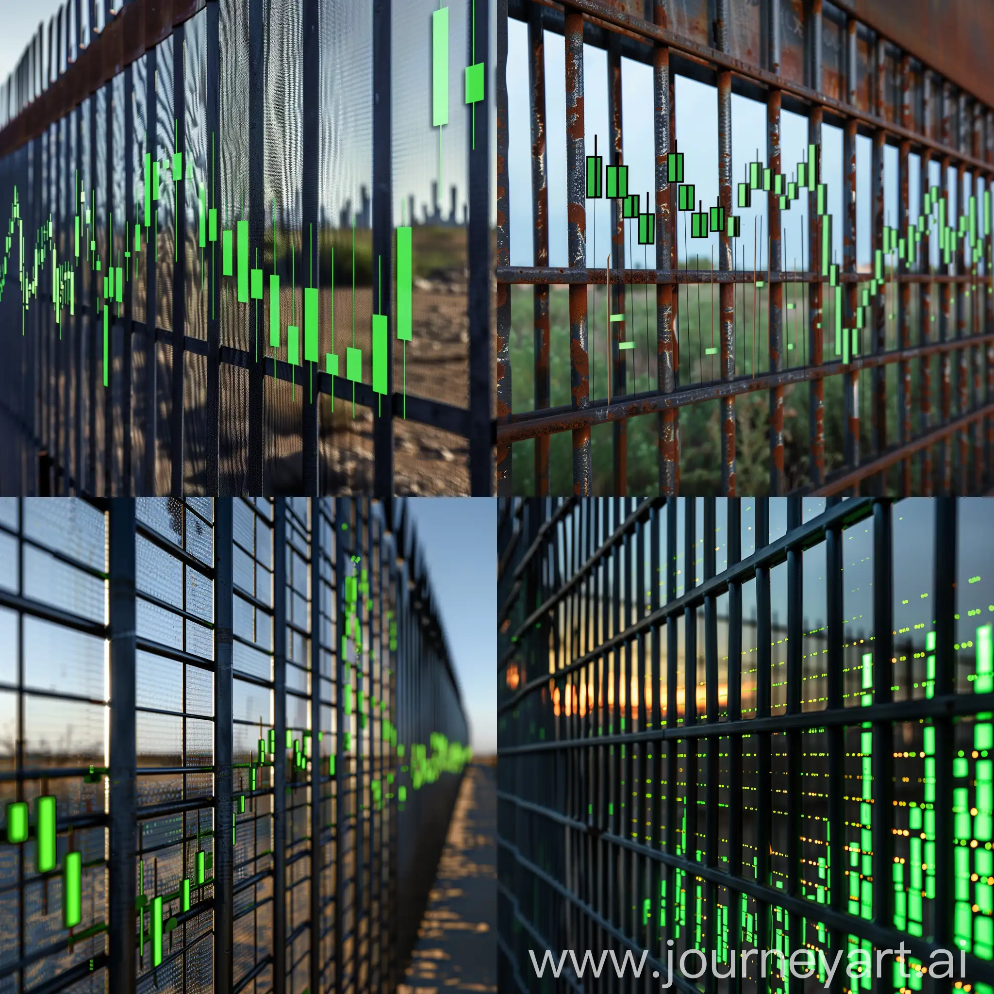 Usa Mexico Border wall where the metal bars are replaced with green candles from stock charts