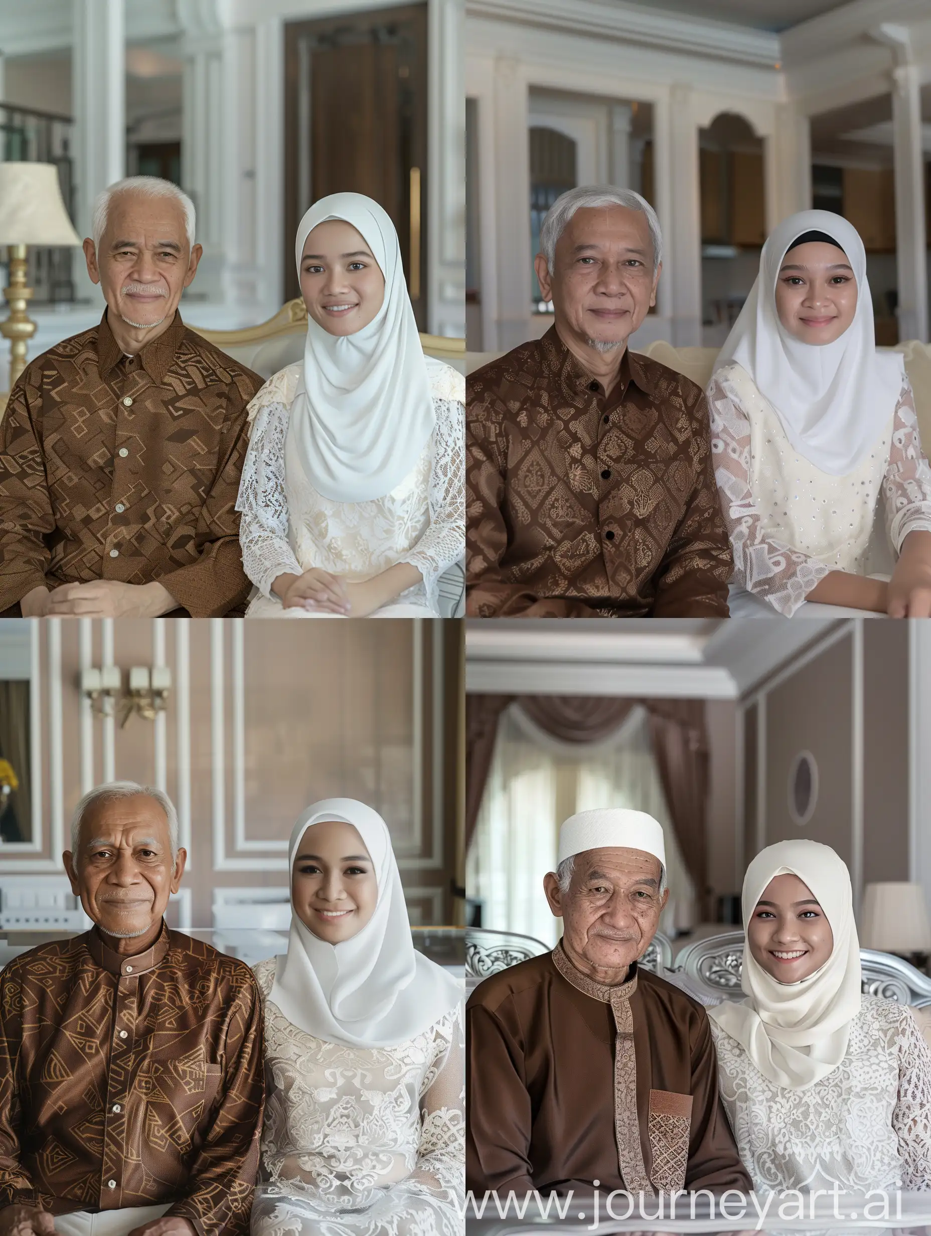 (8K, RAW Photo, Photography, Photorealistic, Realistic, Highest Quality, Intricate Detail), Medium photo of 55 year old Indonesian man, fit, ideal body, oval face, white skin, natural skin, medium hair, wearing brown Muslim batik shirt, side by side with a 25 year old Indonesian woman wearing a white hijab, white Muslim batik dress, smiling facing the camera, her eyes looking at the camera, the corners of her eyes parallel in the living room of a luxury house sitting on a clear HD sofa like real