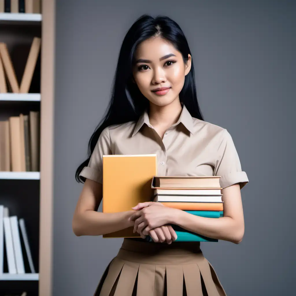super cute thai women black hair holding a lot of books in his hands wearing, official suite dark beige shirt and skirt , half body, modern fashion office background moving 