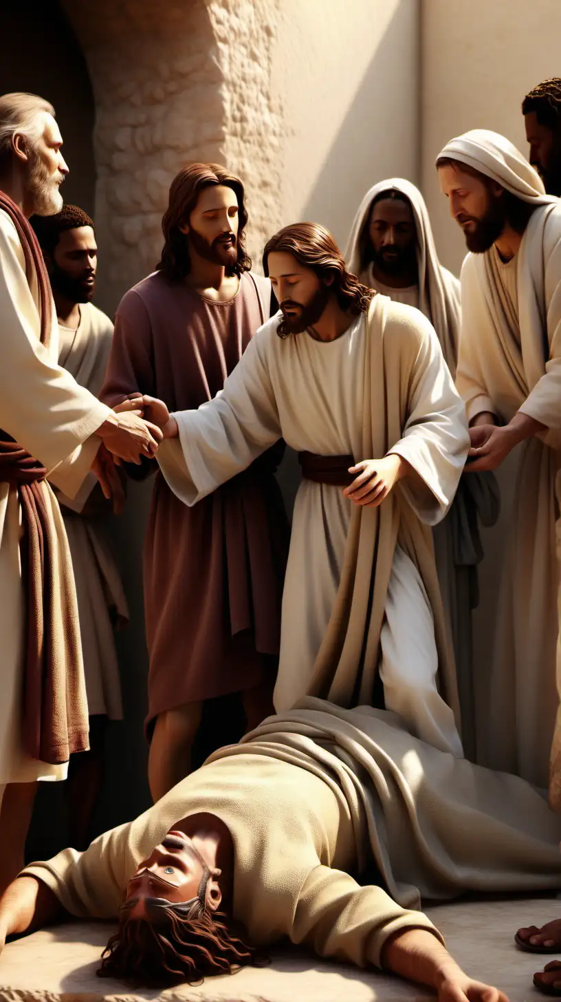 Warm image of Jesus Christ the Messiah healing the blind man, with the Disciples, HD, 8K,realistic. 