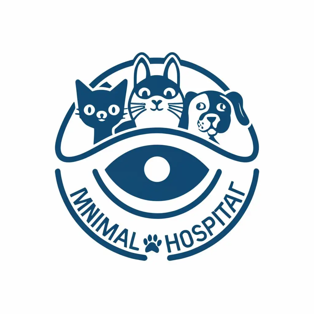 logo, a cat, a dog and a rabbit inside an eyes. imple logo. dark blue colors, typography. very simple, with the text "Ringe Animal Hospital", typography, be used in Medical Dental industry, with the text "Ring Animal Hospital", typography, be used in Medical Dental industry, with the text "V’et clinic", typography, be used in Medical Dental industry