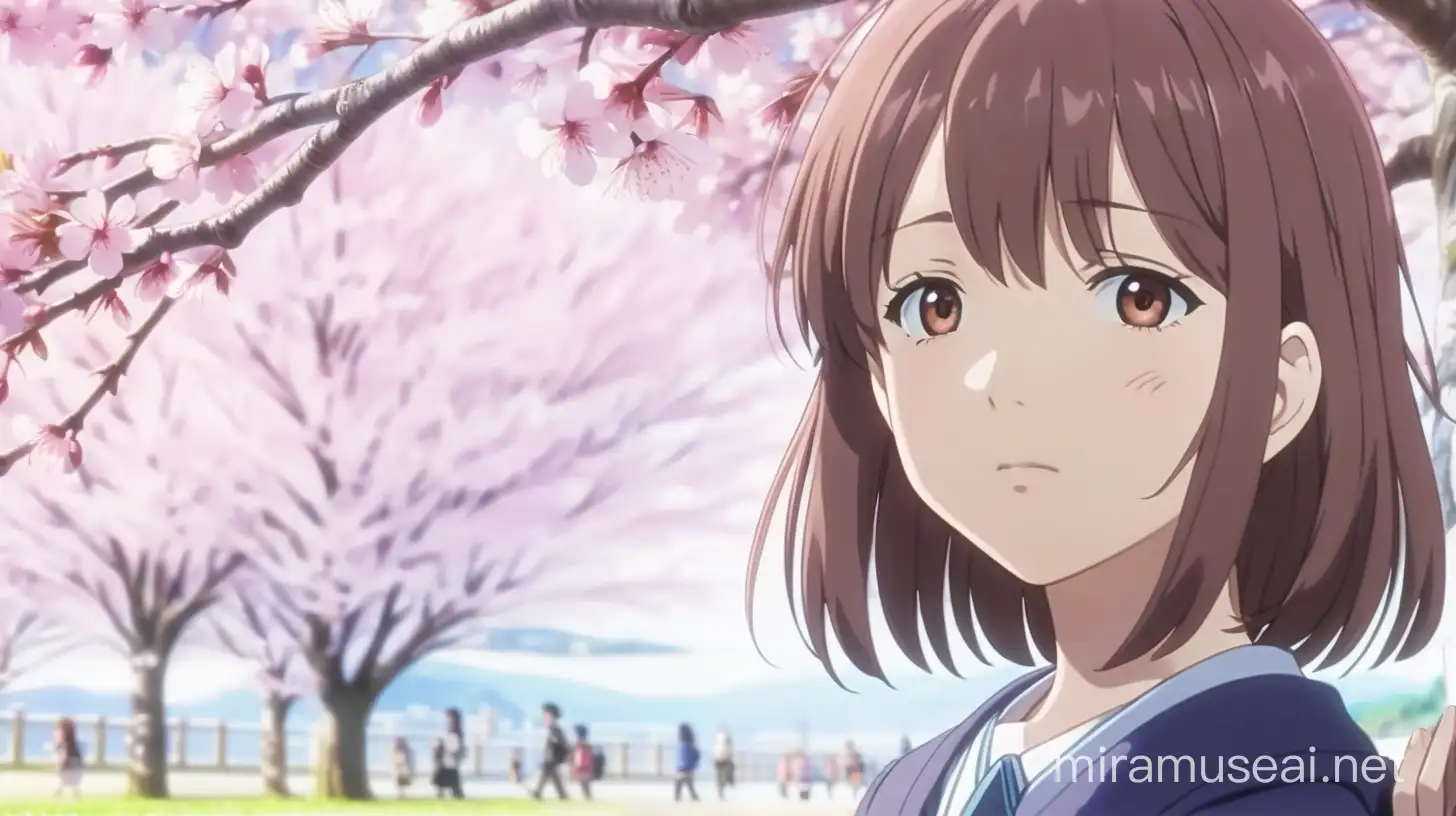 Vey beautiful Sakura Yamauchi from I want to eat your pancreas Anime movie under a Cherry Blossoms tree teenage girl with a slim build, medium height, and is considered pretty . She has soft, chestnut brown hair with feathery bangs blocking the sides of her face and between her eyes, with straight strands running past her shoulders and wavy slightly at the tips.