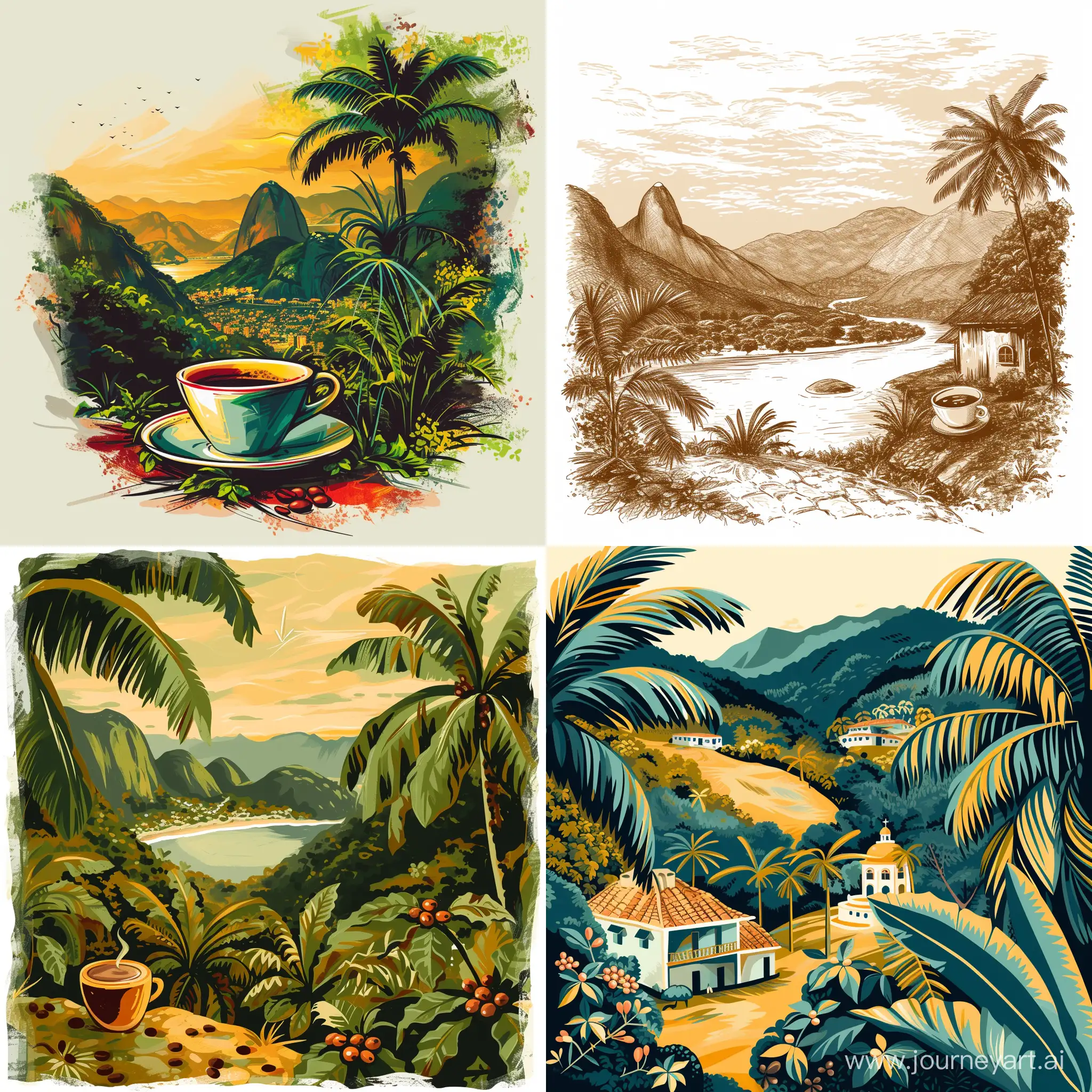 иллюстрация нарисованная кистями в  Photoshop из символов, пейзажа Бразилии и кофе.