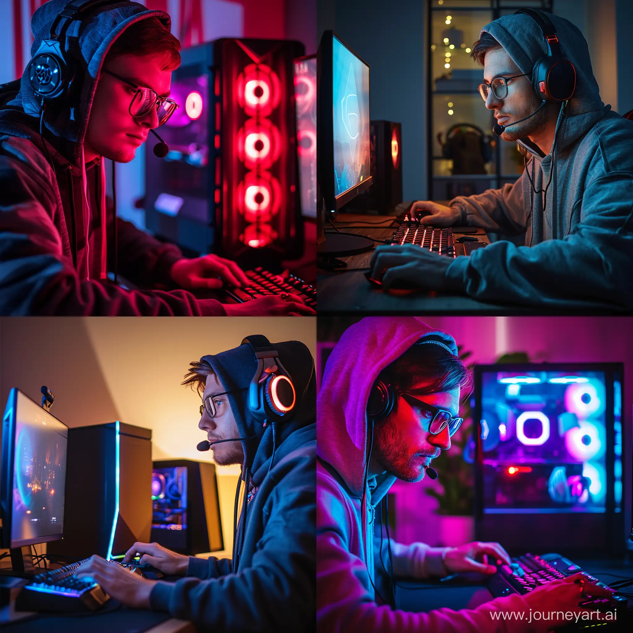 ultra realistic, a man with glasses wearing a hoodie is using a gaming computer while listening to music, modern room gaming, canon eos-id x mark iii dslr --v 6.0