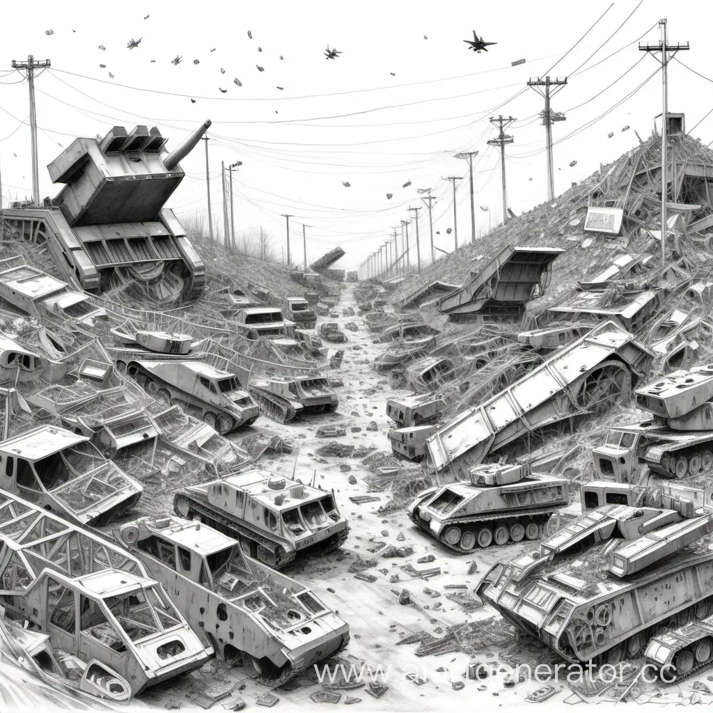 a pencil drawing of the entrance to a landfill filled with broken military equipment and missile equipment, piles of metal debris everywhere, many skeletons of tank hulls.