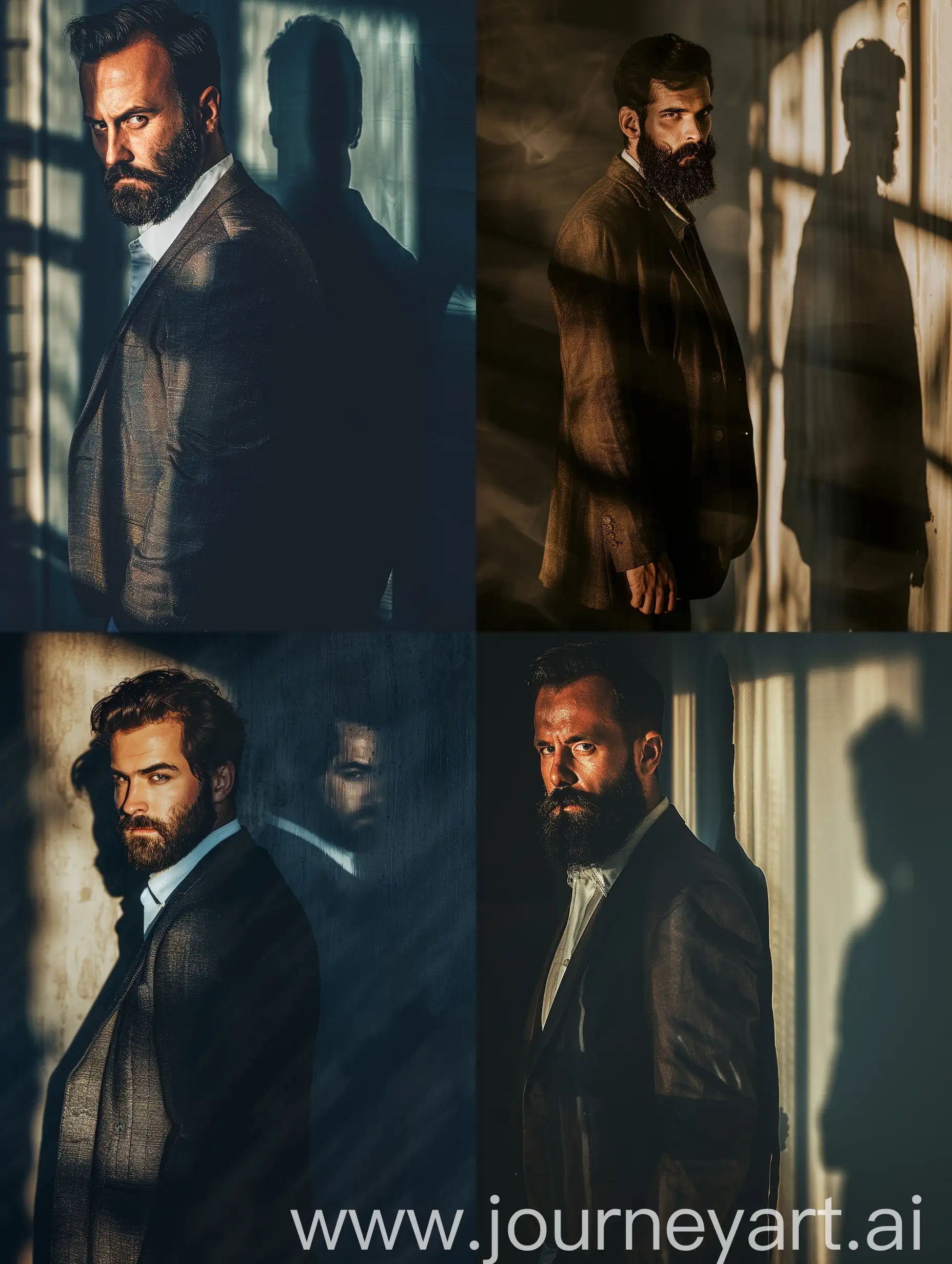 A Man with Beard Standing Next to the Wall Looking at The Camera in Dark Place, The Light Shines on the Man And the Shadow of the Man on the Wall, Formal Outfit, Cinematic Photography Style, Natural Shadow, Natural Color Details, Extremely Details, High Quality --v 6.0 --ar 3:4