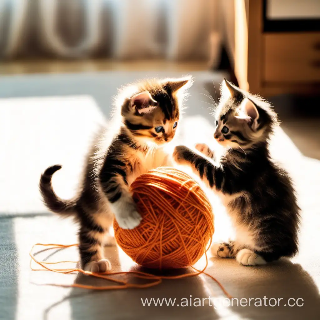 Котята играющие с клубком дома в освещённой солнечным светом комнате