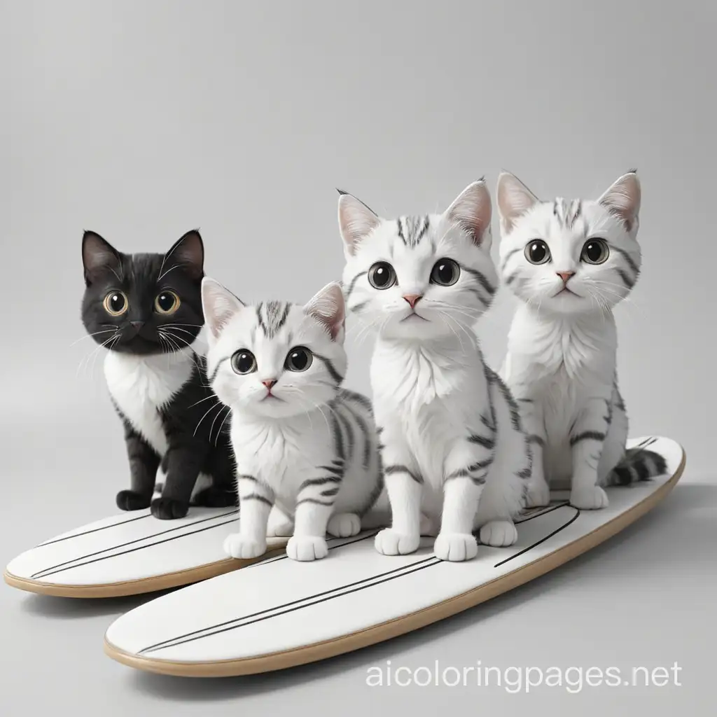kawaii cute cats on surfboards, Coloring Page, black and white, line art, white background, Simplicity, Ample White Space. The background of the coloring page is plain white to make it easy for young children to color within the lines. The outlines of all the subjects are easy to distinguish, making it simple for kids to color without too much difficulty