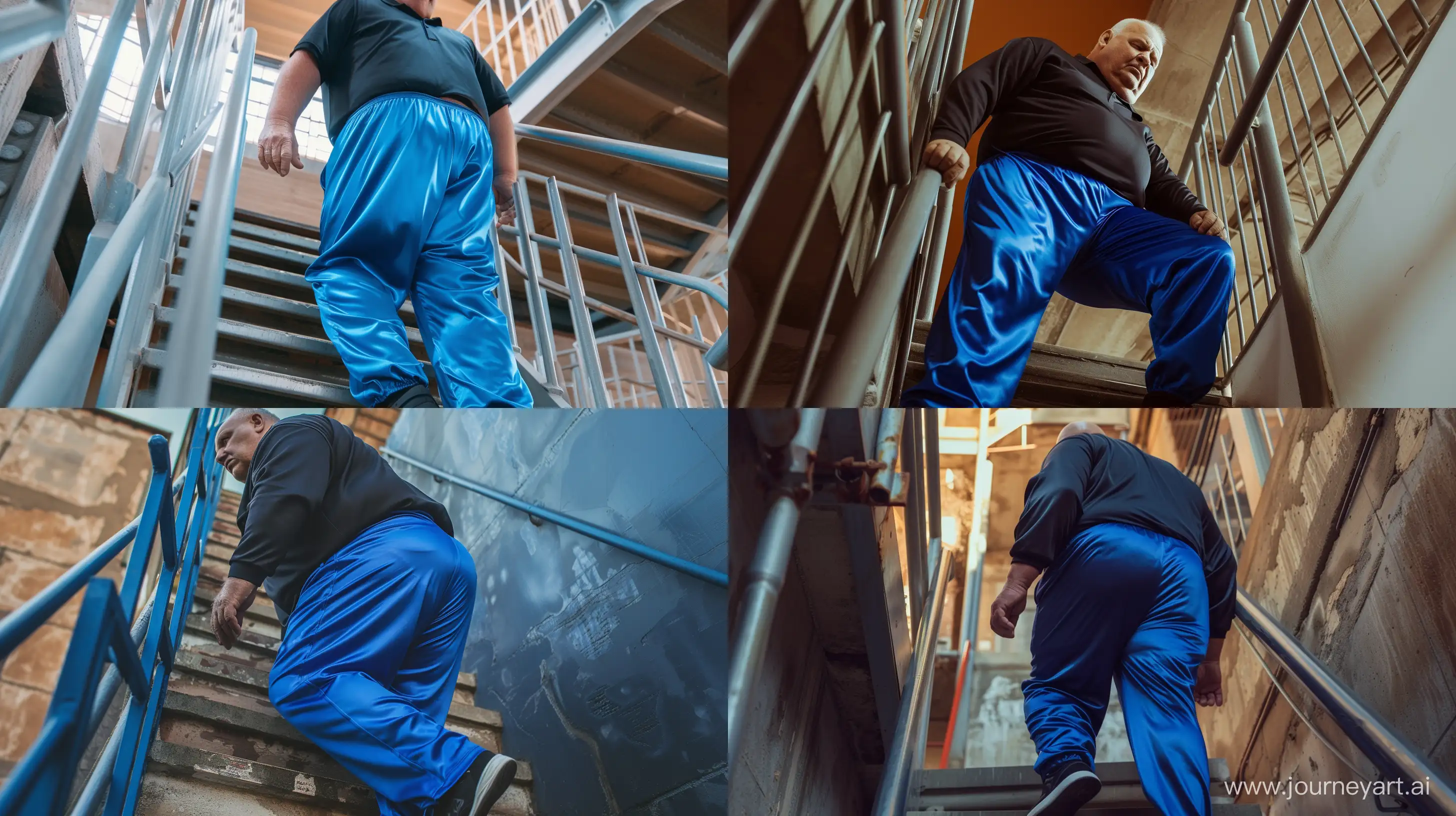 Elderly-Man-Climbing-Stairs-in-Silk-Royal-Blue-Tracksuit-and-Black-Polo-Shirt