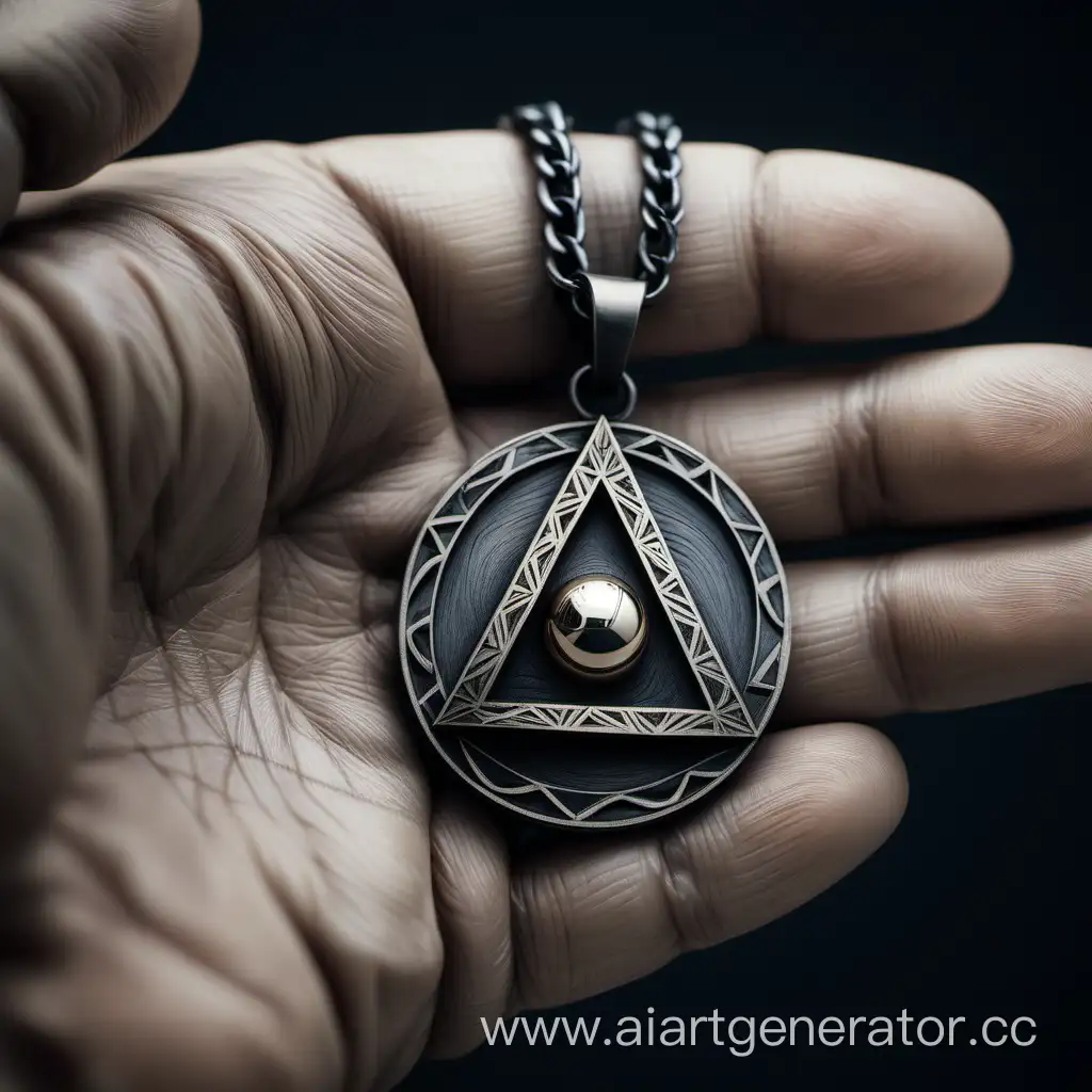 In his hand is a chain with a round pendant, on which a triangle is carved, the pendant is small