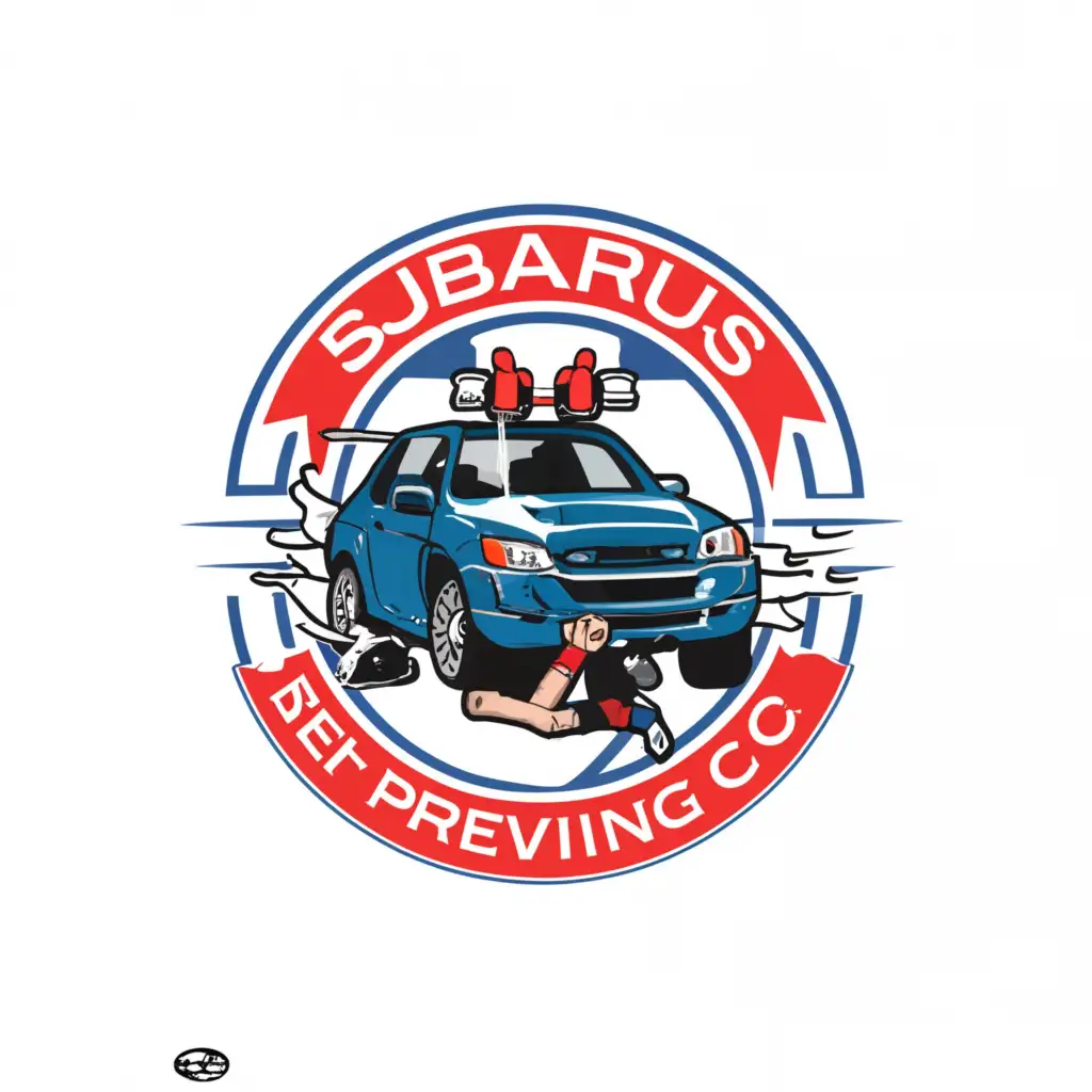 a logo design,with the text "subarus self reviving co.", main symbol:a Chinese boy crashing a car while holding a first aid kit,complex,be used in Technology industry,clear background