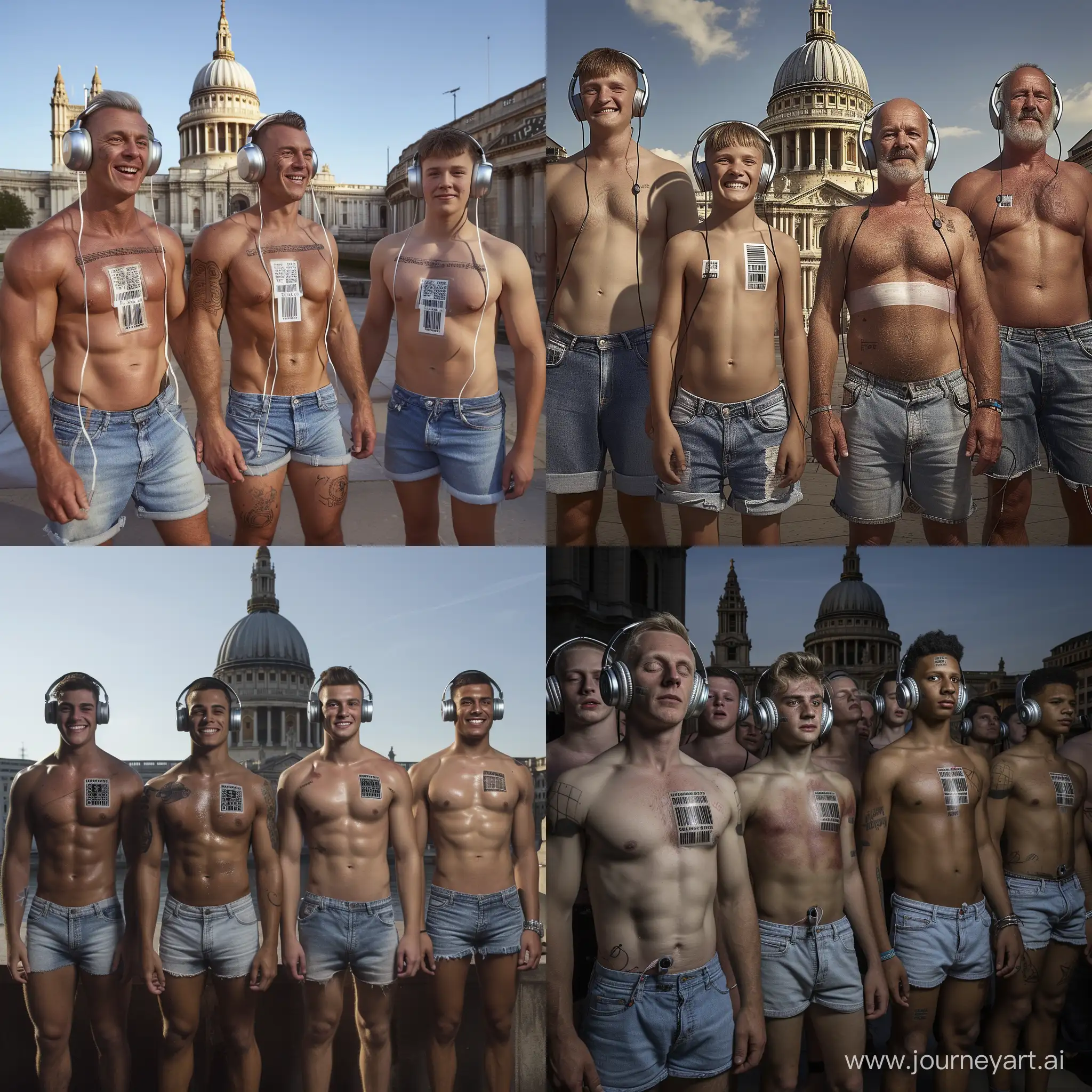 Handsome muscular middle-aged men and handsome muscular college-age boys each wear silver headphones and fitted denim cutoff shorts, dazed smiles, small barcode tattooed on each man's chest, Saint Paul's Cathedral setting, facing the viewer, mass indoctrination, hyperrealistic, cinematic