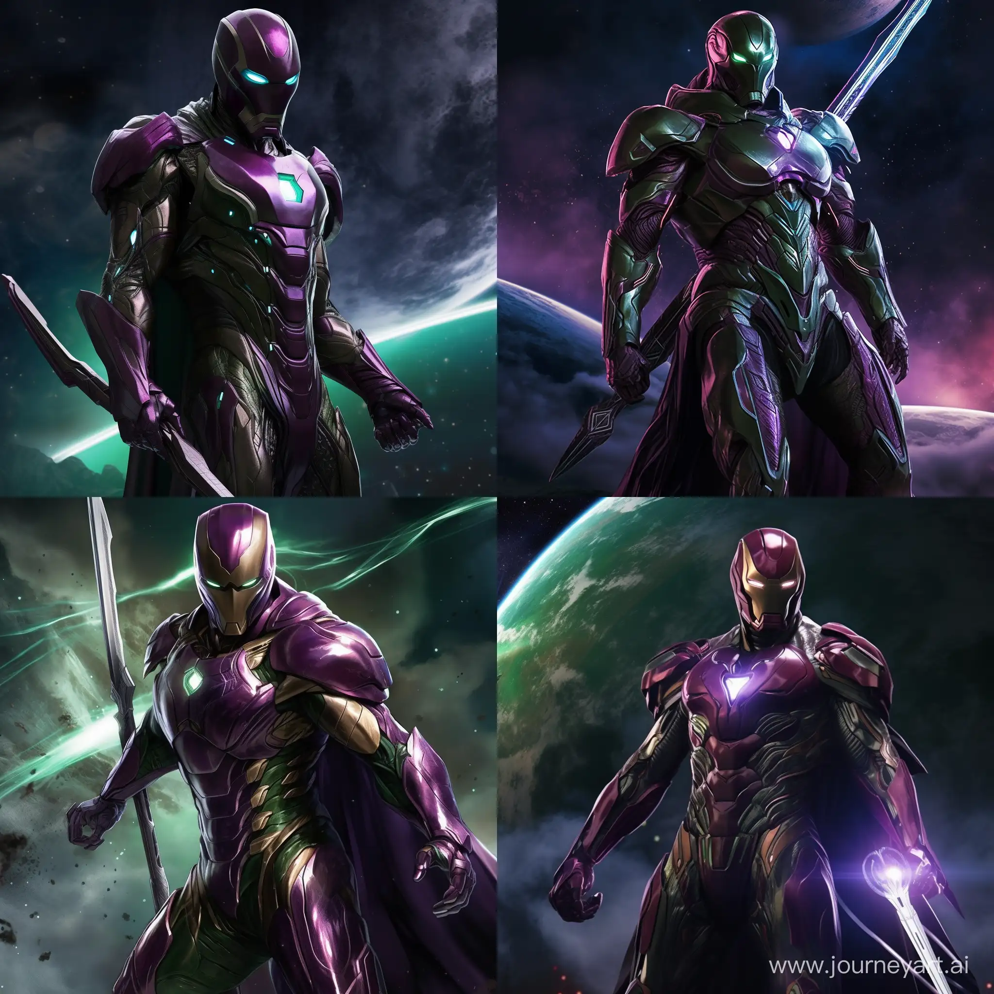 Epic-Battle-Iron-Man-in-GreenPurple-Suit-Confronts-Thor-with-Spear-and-Cloak-in-Outer-Space