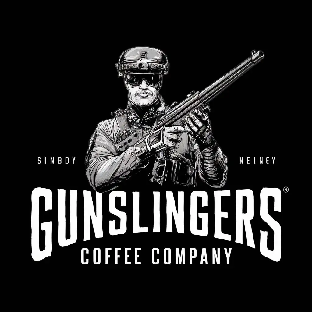 logo, military gunslinger hand Drawn, with the text "Gunslingers coffee company", typography