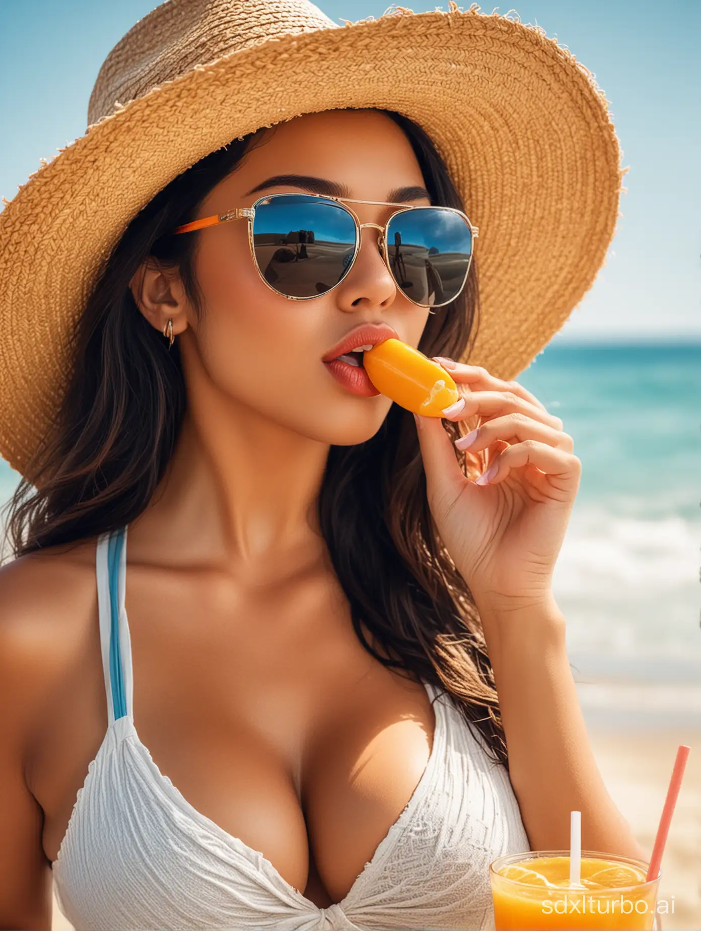 a busty hyper realistic latina with big boob on beach drinking juice with straw touching her lips and wearing sunglass and hat