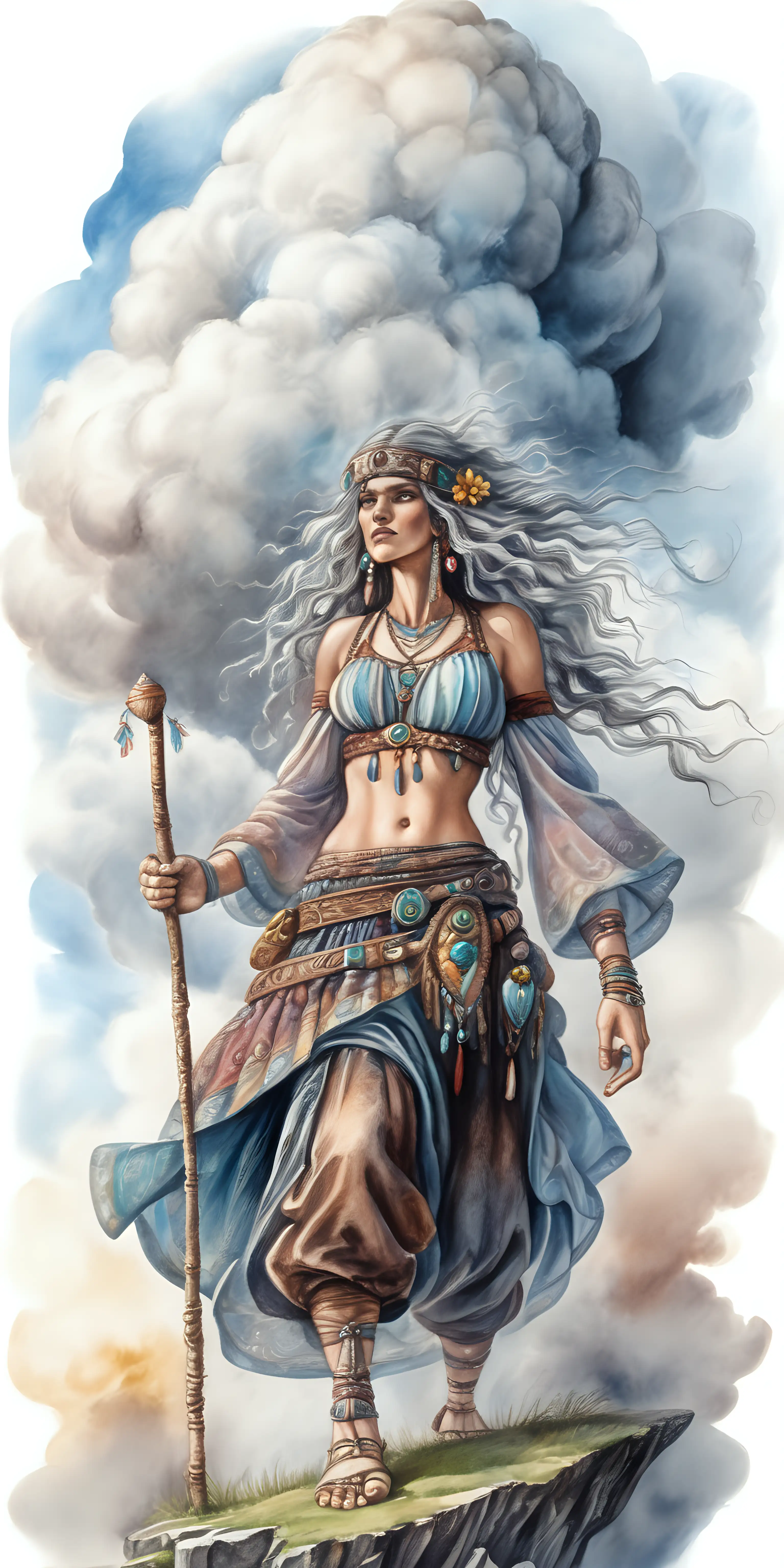 Enigmatic Fantasy Cloud Giant Gypsy in Dark Watercolor